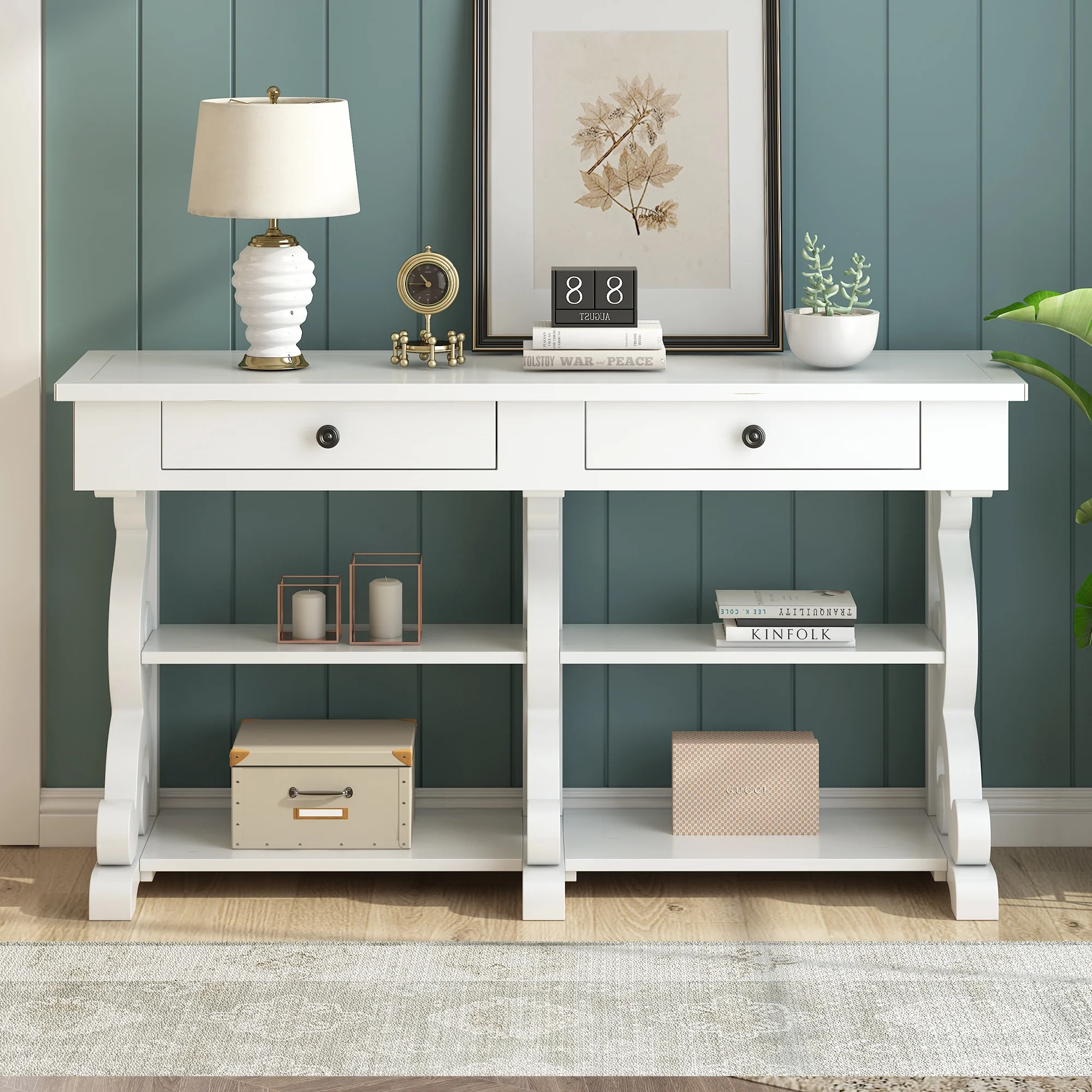 CoSoTower Retro Console Table/Sideboard with Ample Storage, Open Shelves and Drawers for Entrance, Dinning Room, Living Room (Antique White)