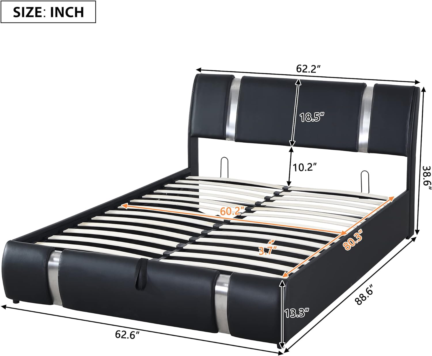 Quee Size Upholstered Bed Frame With Liftig Storage Moder Faux Leather Platform Bed With Iro Metal Decor Ad Padded Headboard, Woode Slat Support Ad Uder Bed Storage, Black