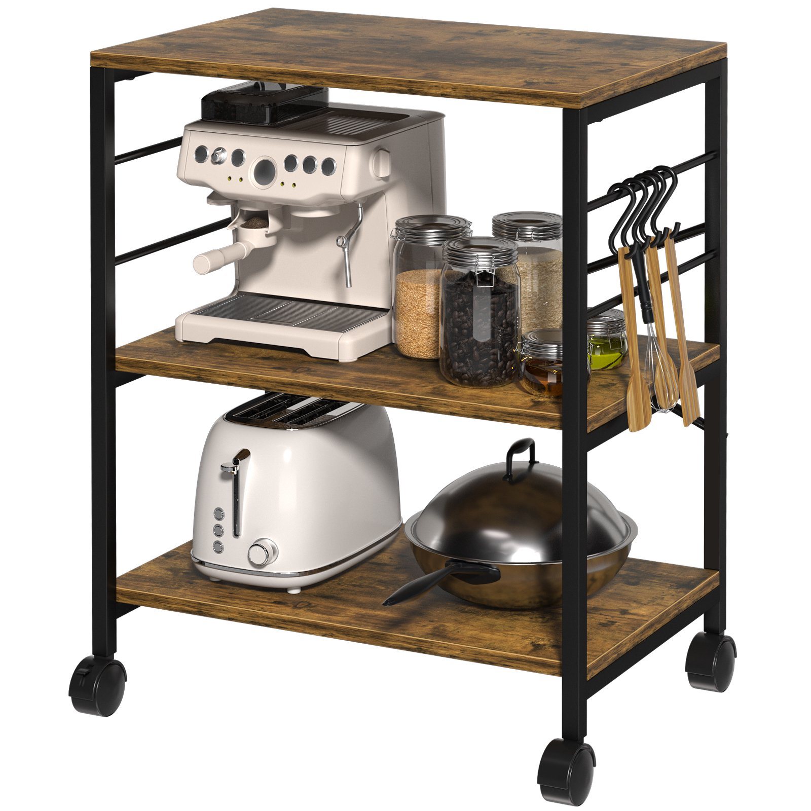 LANTRO JS Kitchen Microwave Cart, 3 Tier Kitchen Utility Cart Vintage Rolling Bakers Rack with 5 Hooks for Living Room Decoration