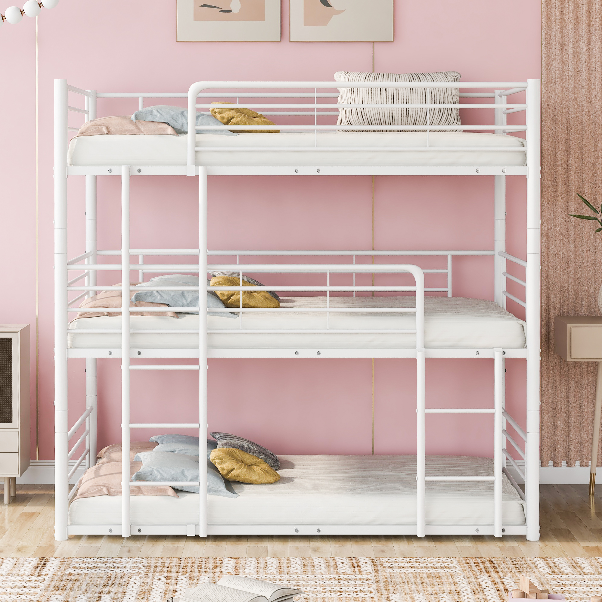 Churanty Twin-Twin-Twin Triple Bed with Built-in Ladder, Divided into Three Separate Beds,White