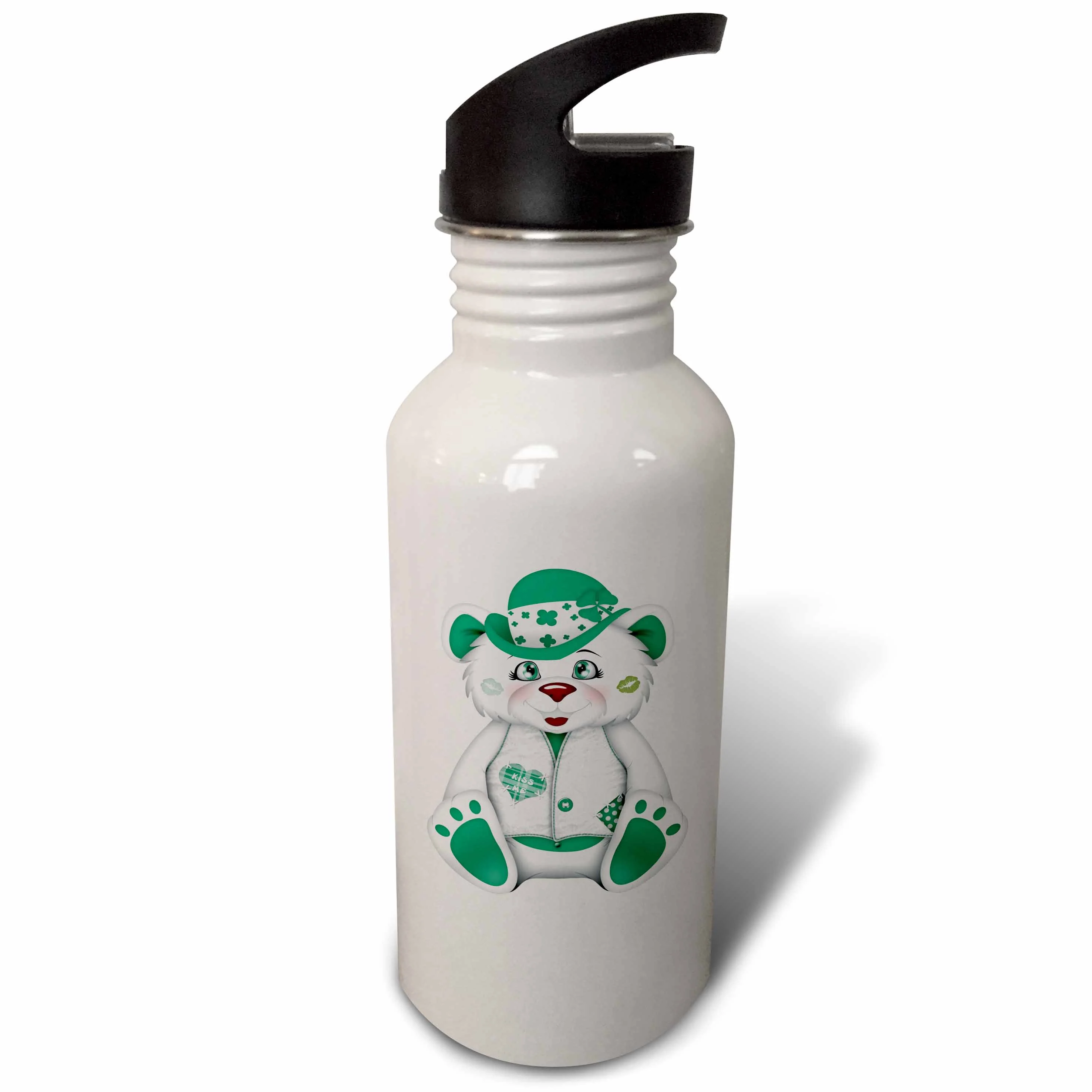 Cute White and Green Lucky Irish Bear Illustration 21 oz Sports Water Bottle wb-222646-1