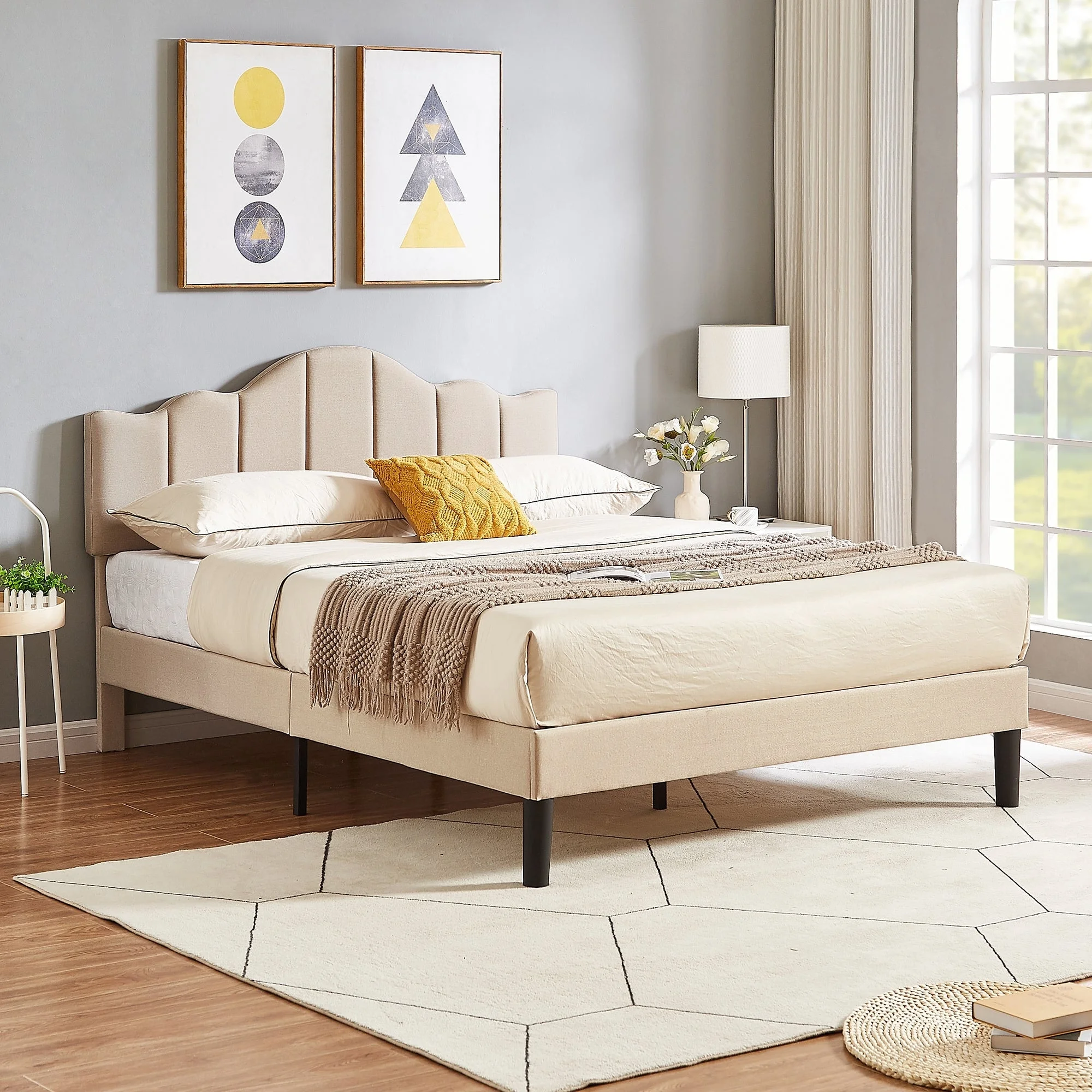 Modern Upholstered Bed Frame with Height Adjustable Headboard(Dark Grey,Blue,Beige ) Beige Full