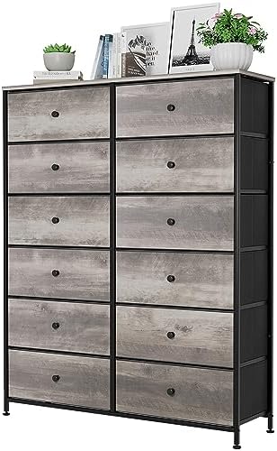 NLIBOOMLife 12-Drawer Dresser  6-Layer Fabric  Tower w/Textured Print Fabric Bin  Tall Chest Organizer Unit for Bedroom  Living Room  Hallway  Nursery  Closet  Adjustable Feetpad  Wood To