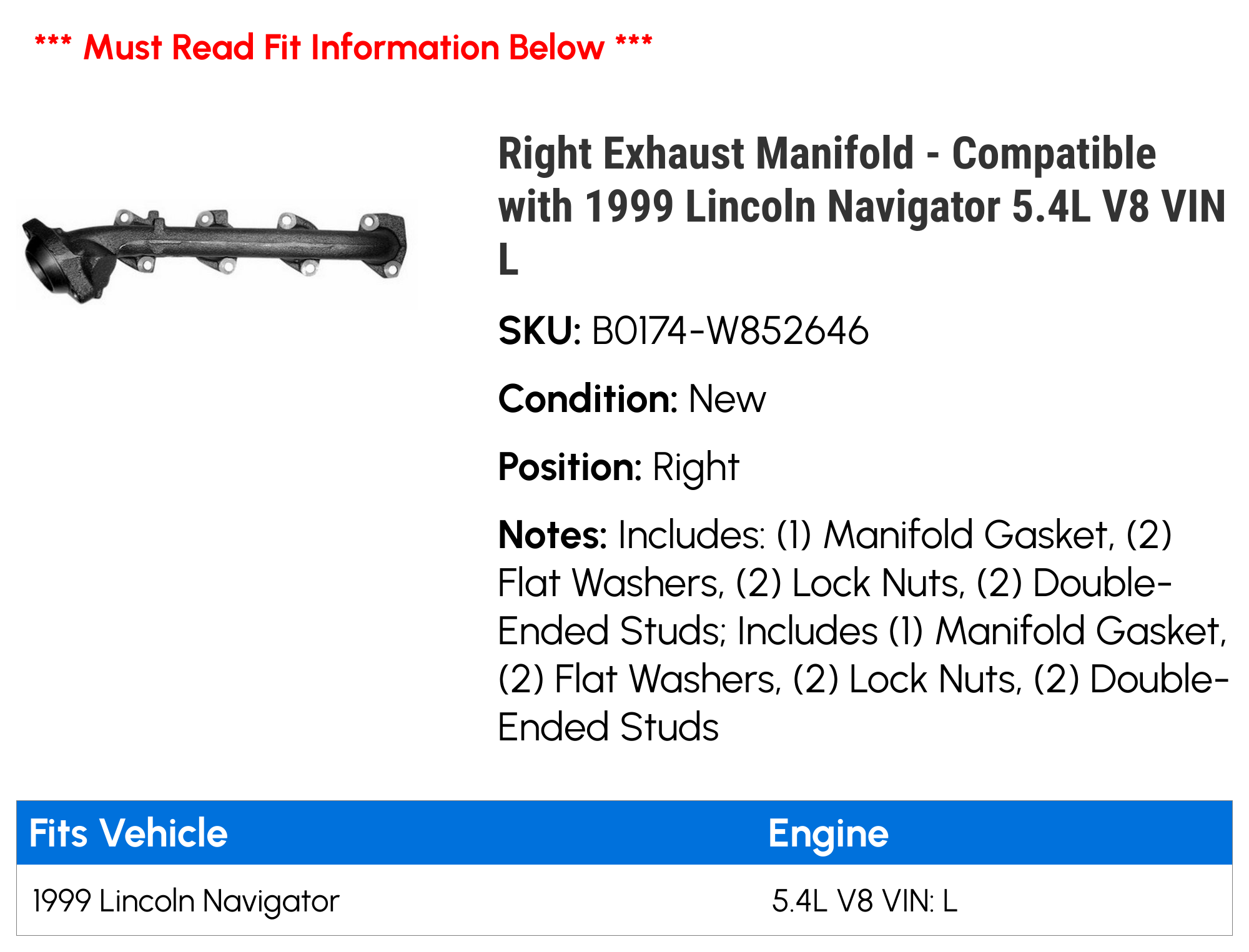 Right Exhaust Manifold - Compatible with 1999 Lincoln Navigator 5.4L V8 VIN L