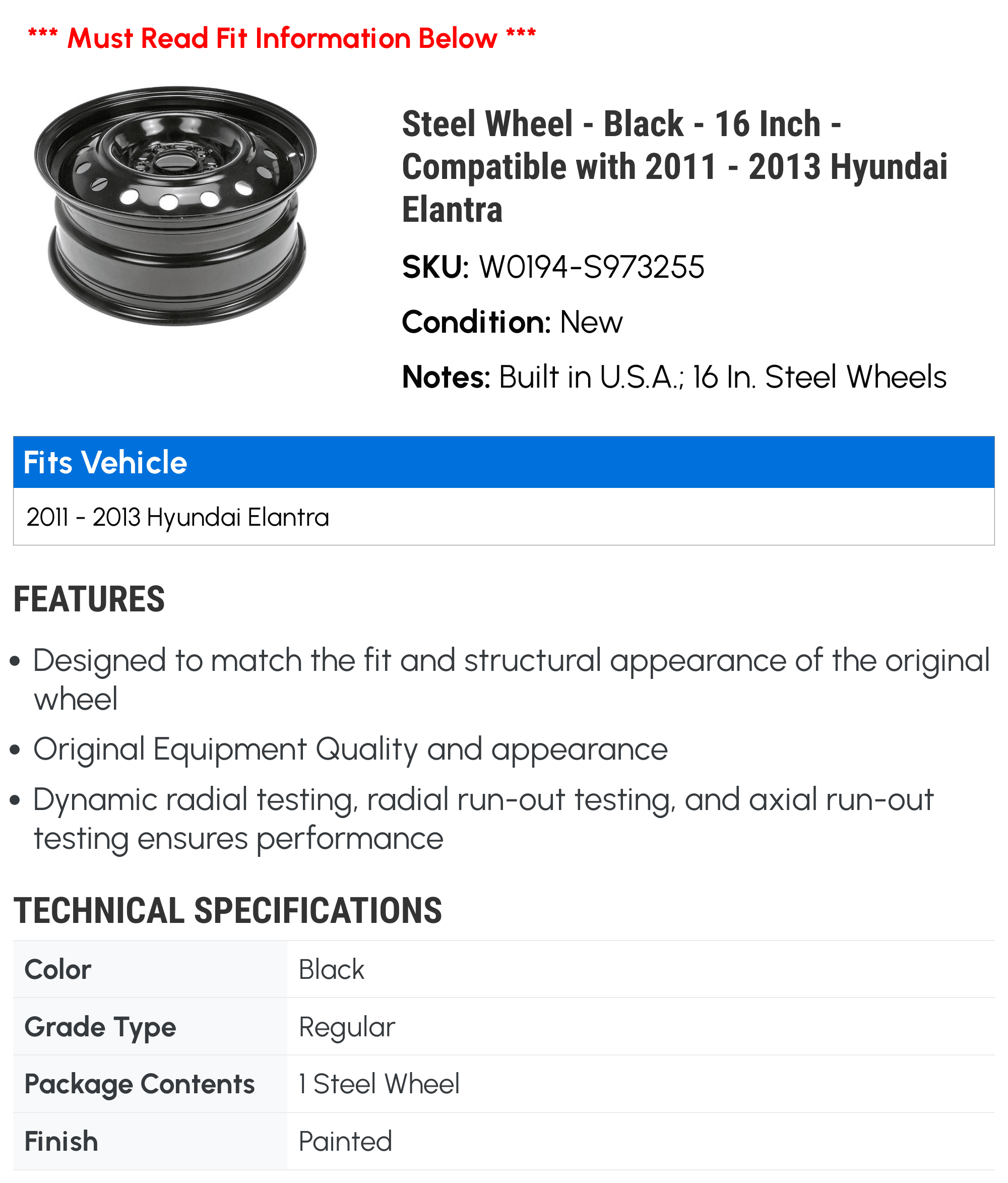 Steel Wheel - Black - 16 Inch - Compatible with 2011 - 2013 Hyundai Elantra 2012