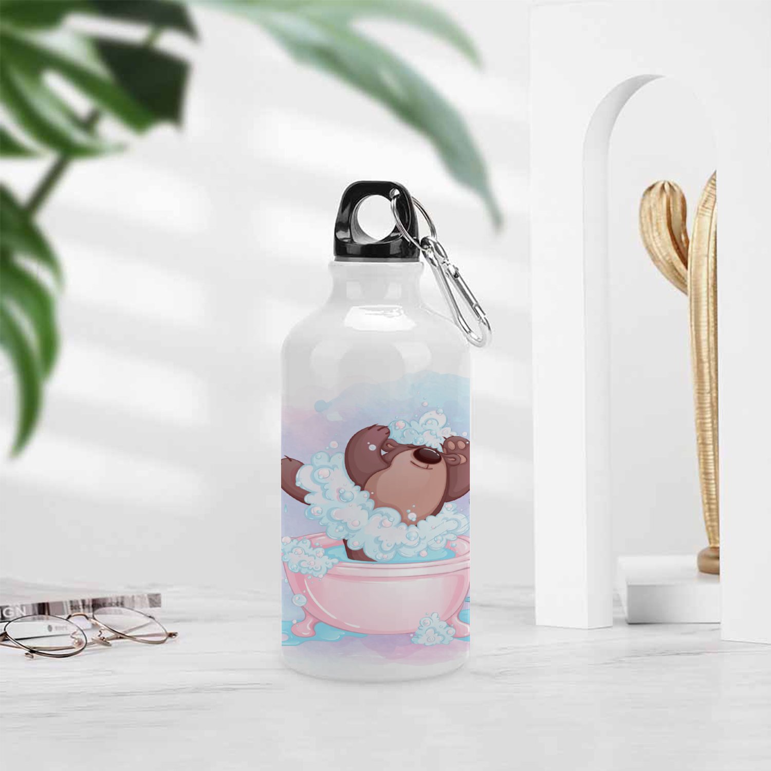 GZHJMY Sports Water Bottles, Bathroom Happy Dancing Bear Large Capacity Aluminium Portable Leakproof Lightweight Drink Bottles for Fitness and Outdoor Enthusiasts