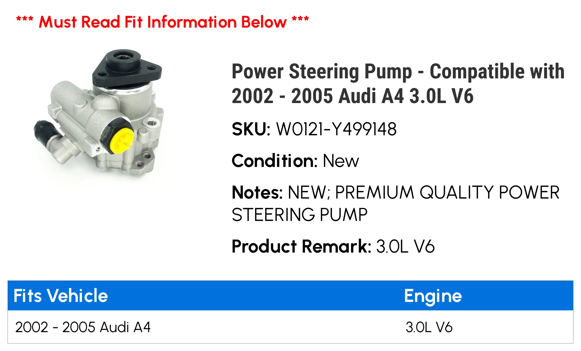 Power Steering Pump - Compatible with 2002 - 2005 Audi A4 3.0L V6 2003 2004