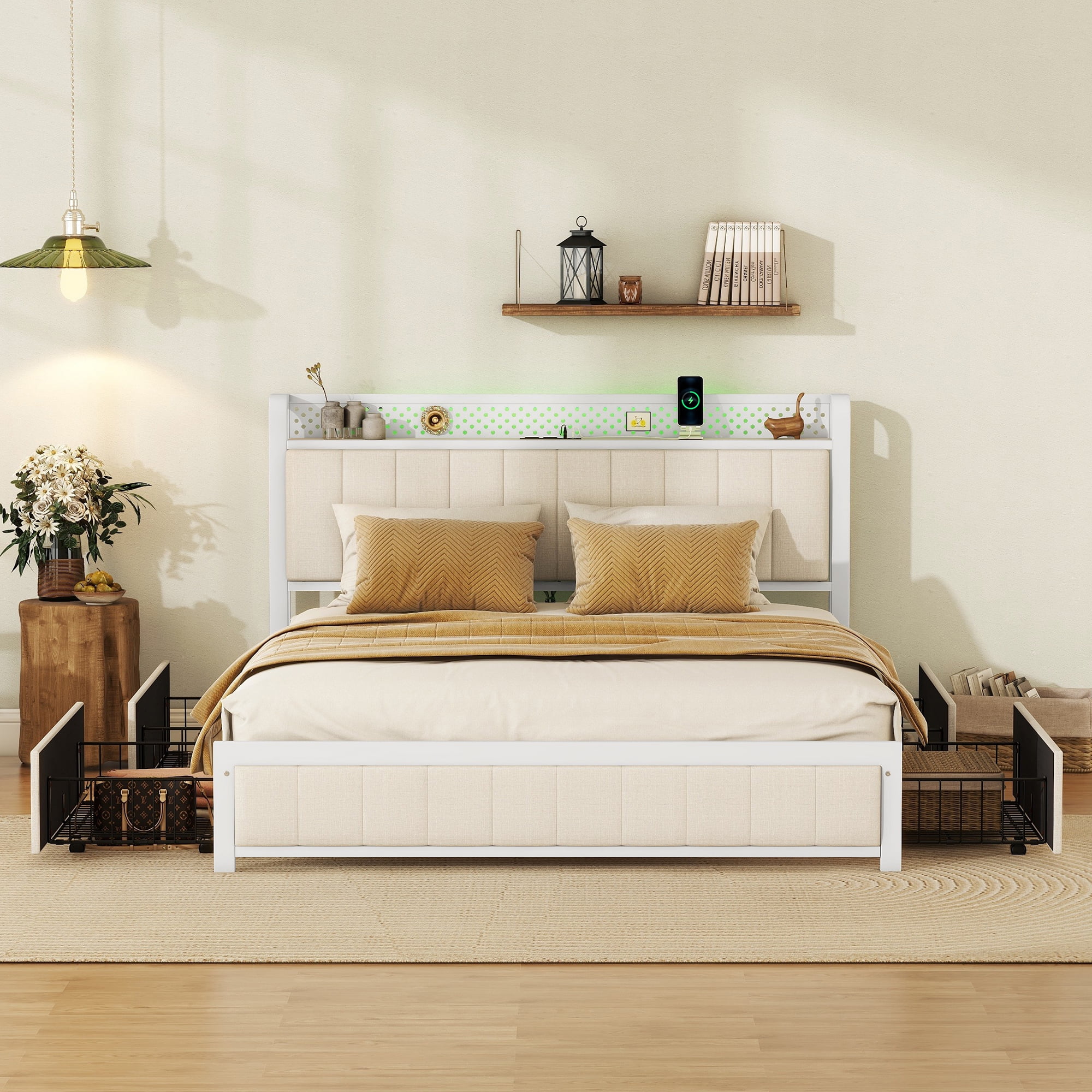 ONME Queen Bed Frame with LED Headboard, Upholstered Bed with 4 Storage Drawers and USB Ports, Beige