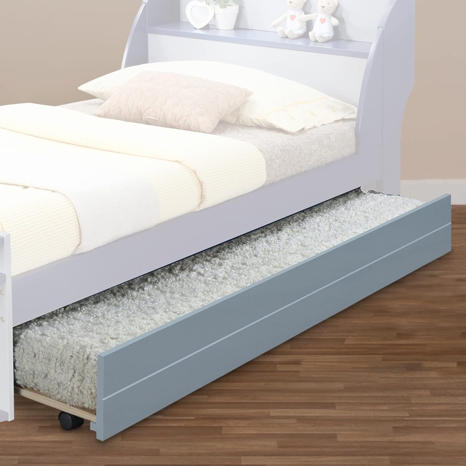 Gray Transitional Wooden Trundle Bed With Caster Wheels