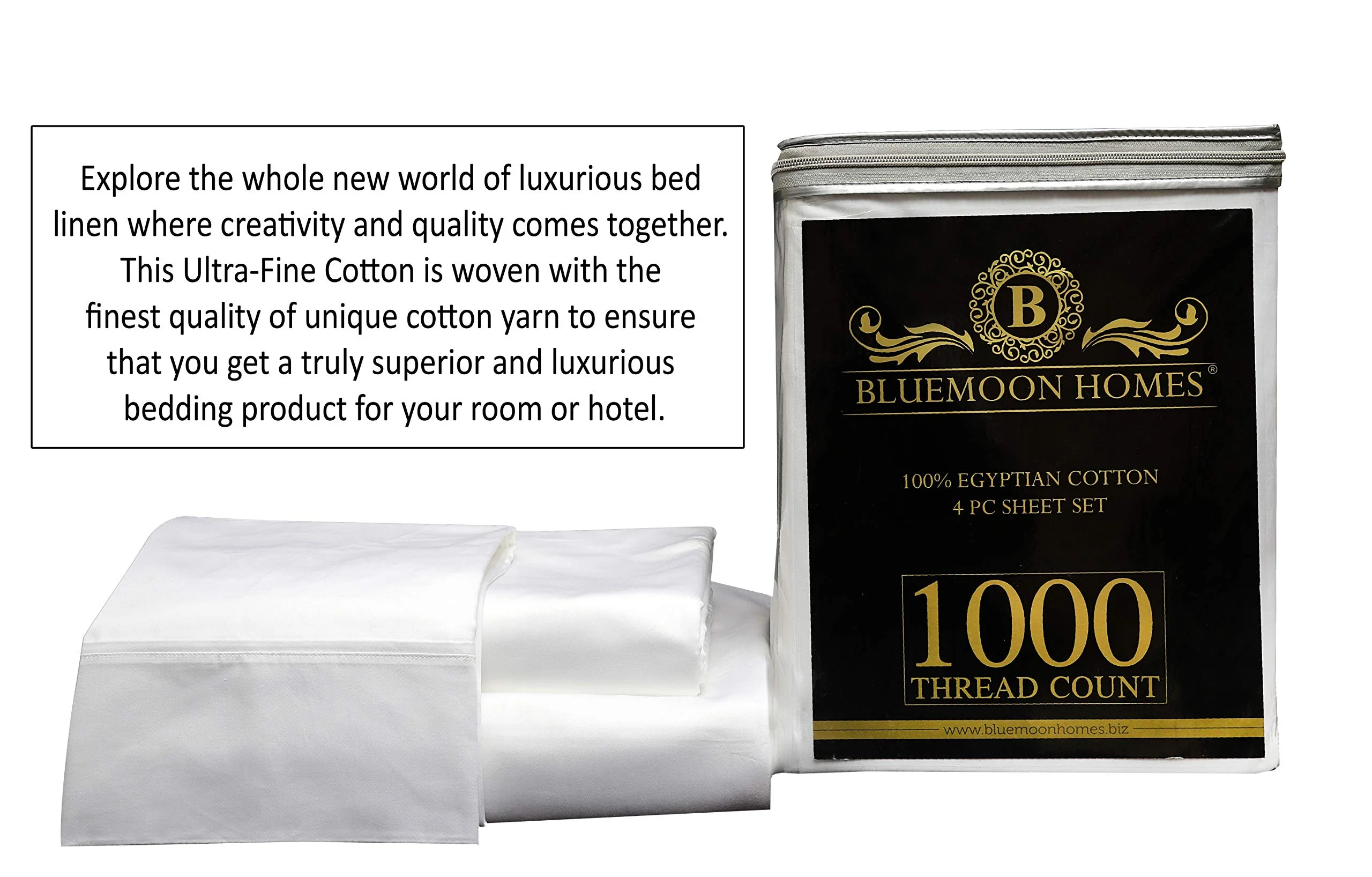 Bluemoon Homes luxurious 1000 TC Italian FInish 100% Egyptian Cotton 4-Piece Bed Sheet Set, Fitss Mattress Up To 18