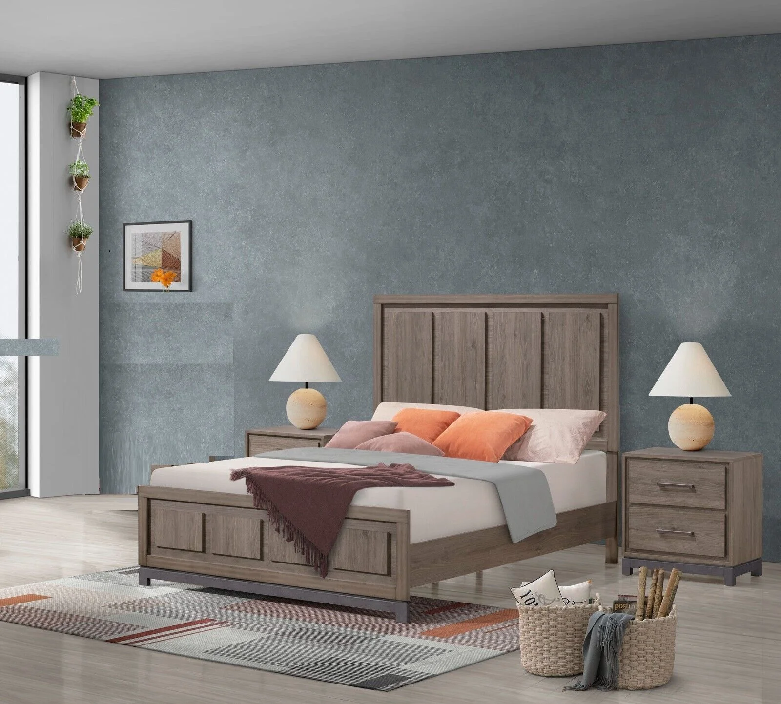 1Pc Brown Wood Finish King Size Panel Bed Contemporary Bedroom Furniture