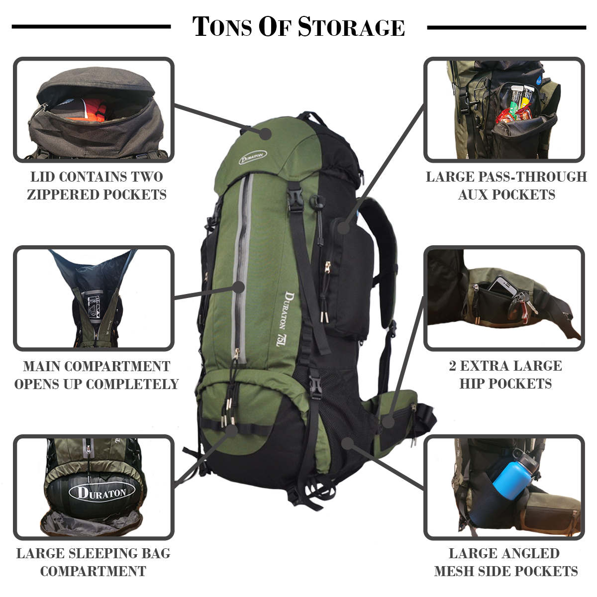 Duraton 75 ltr. Backpacking Backpack, Green