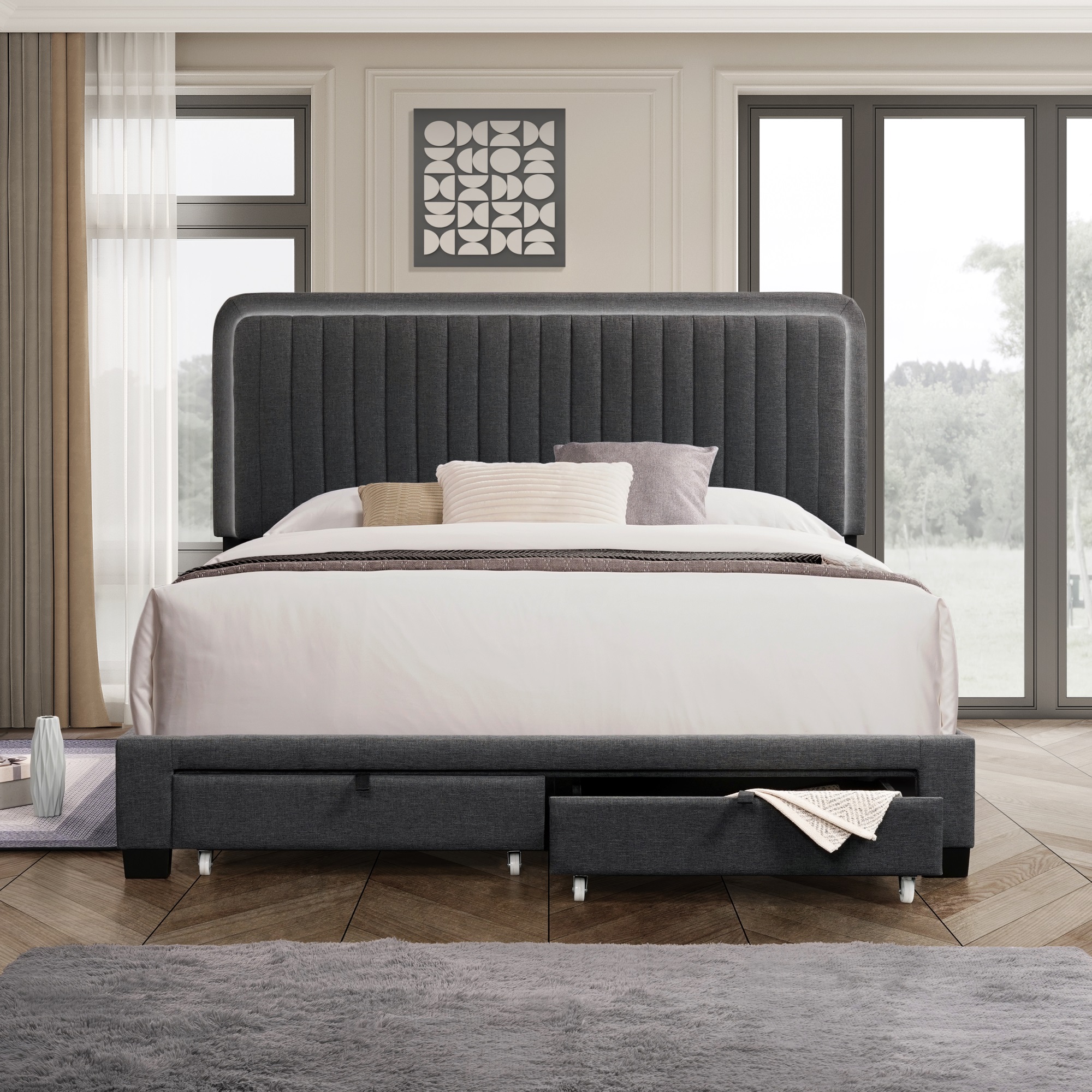 Ufurpie Queen Size Linen Upholstered Platform Bed with Sensor LED Light,Bed Frame with Adjustable Headboard and 2 Footboard Drawers,NO Box Spring Required,Dark Gray