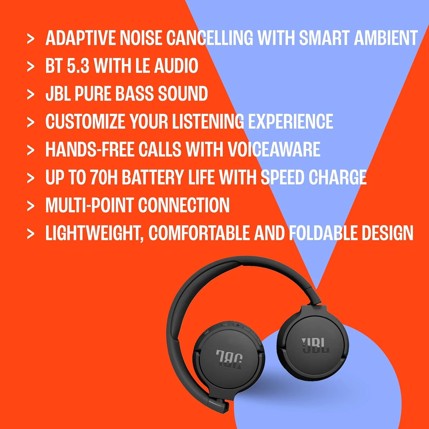 JBL Tune 670NC - Adaptive Noise Cancelling Wireless On-Ear Headphones - Black