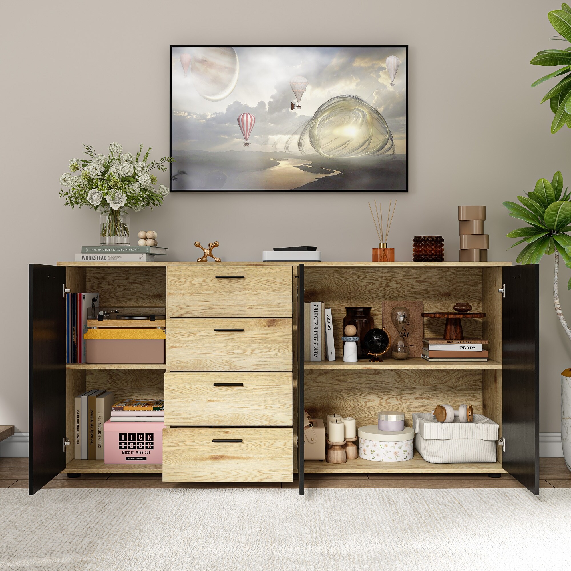 Versatile Wood Grain Sideboard Cabinet w/Black Metal Handles Dresser