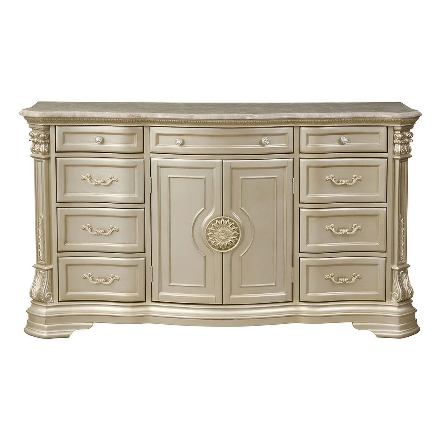 Traditional Wooden Dresser With Marble Top, Champagne Gold