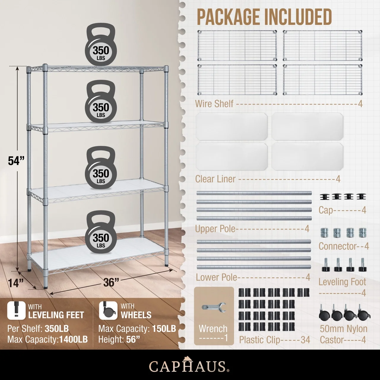 CAPHAUS NSF Adjustable Shelves Metal Wire Shelving Unit w/ Liners, Kitchen Storage Shelving, Metal Steel Storage Shelving, Garage Shelving Storage Organizer, Utility Shelf, 4-Tier W/ Wheels, Silver