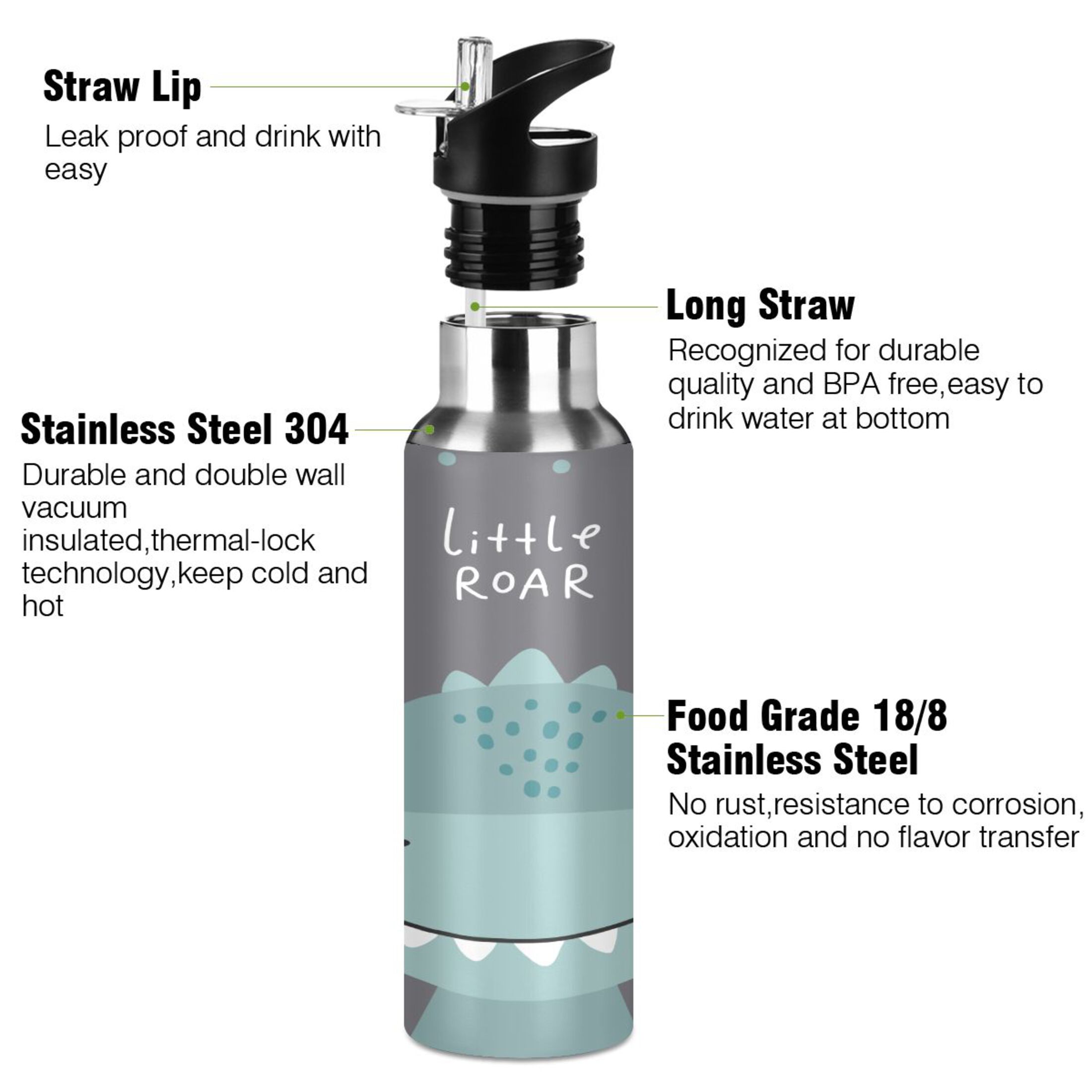Water Bottle with Straw Lid Leak Cute Portrait Dinosaur Stainless Steel Insulated Thermos Vacuum Flask for Cold Hot Drinking for Sports Camping Gym Yoga