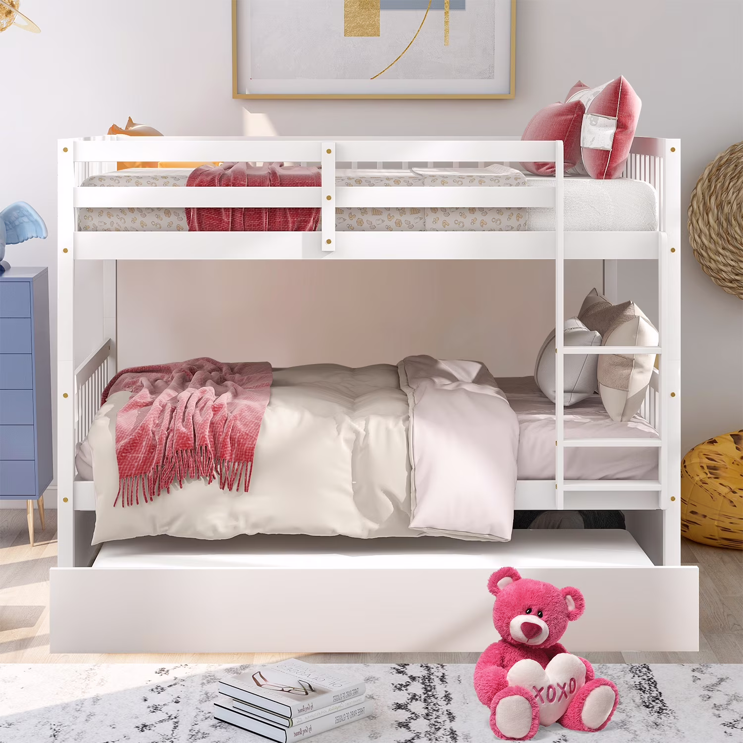 Classic Minimalist Style Full Size Wooden Bunk Bed with Ladder and A Trundle, White