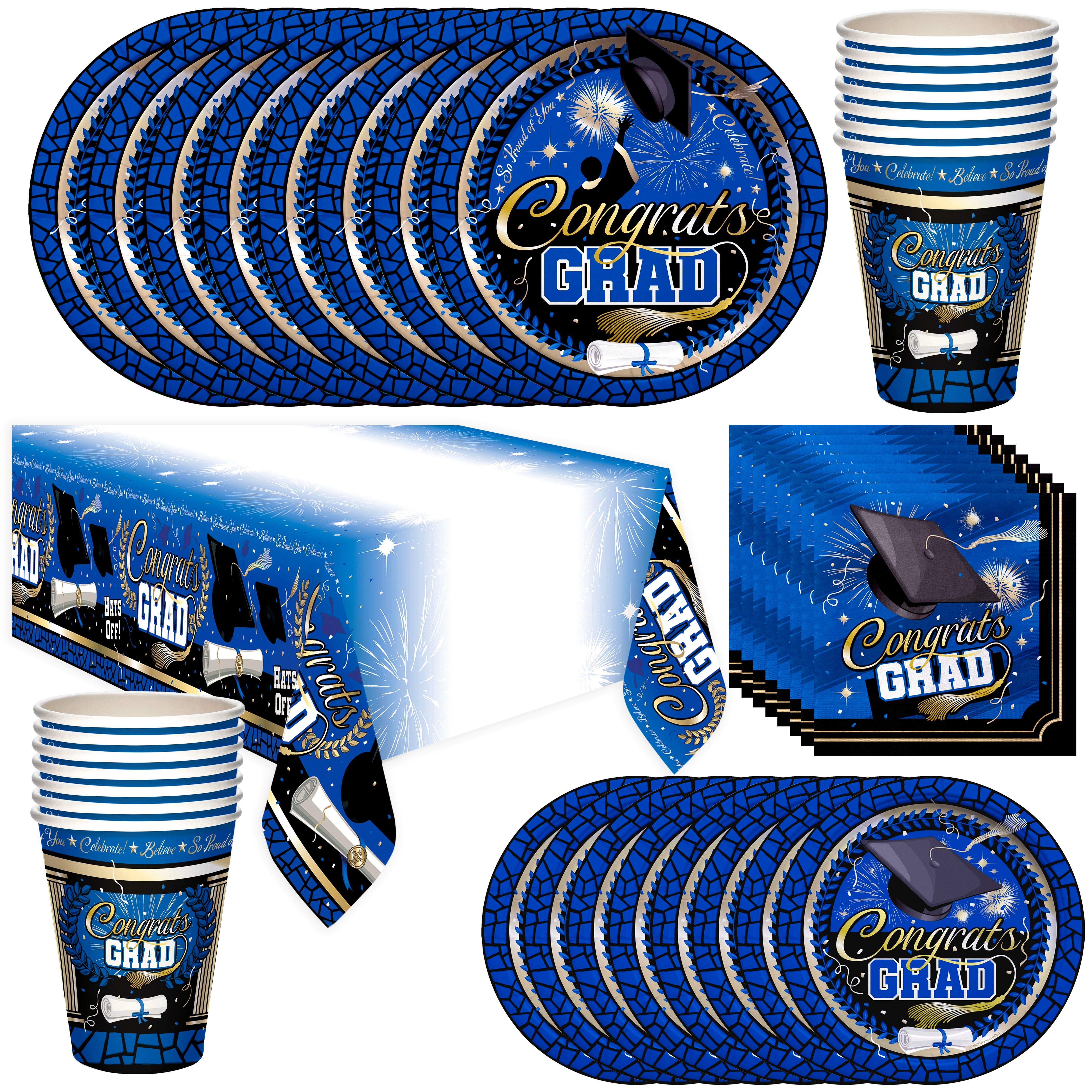 Blue Graduation Party Tableware Deluxe Set for 16 Guests