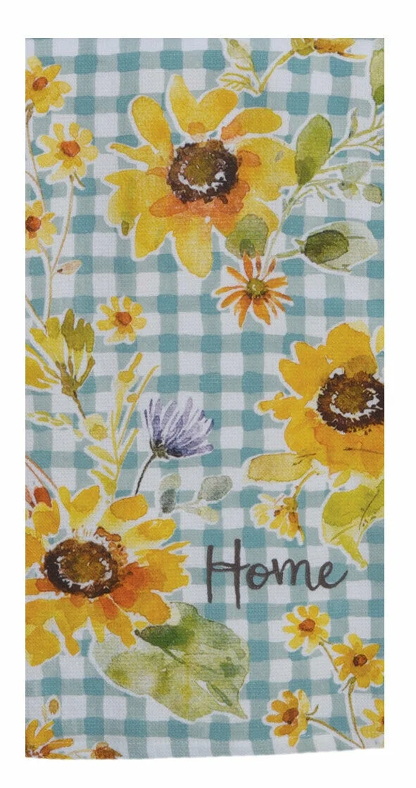 Set of 2 Sunflowers Forever HOME Blue Check Kitchen Towels by Kay Dee Designs