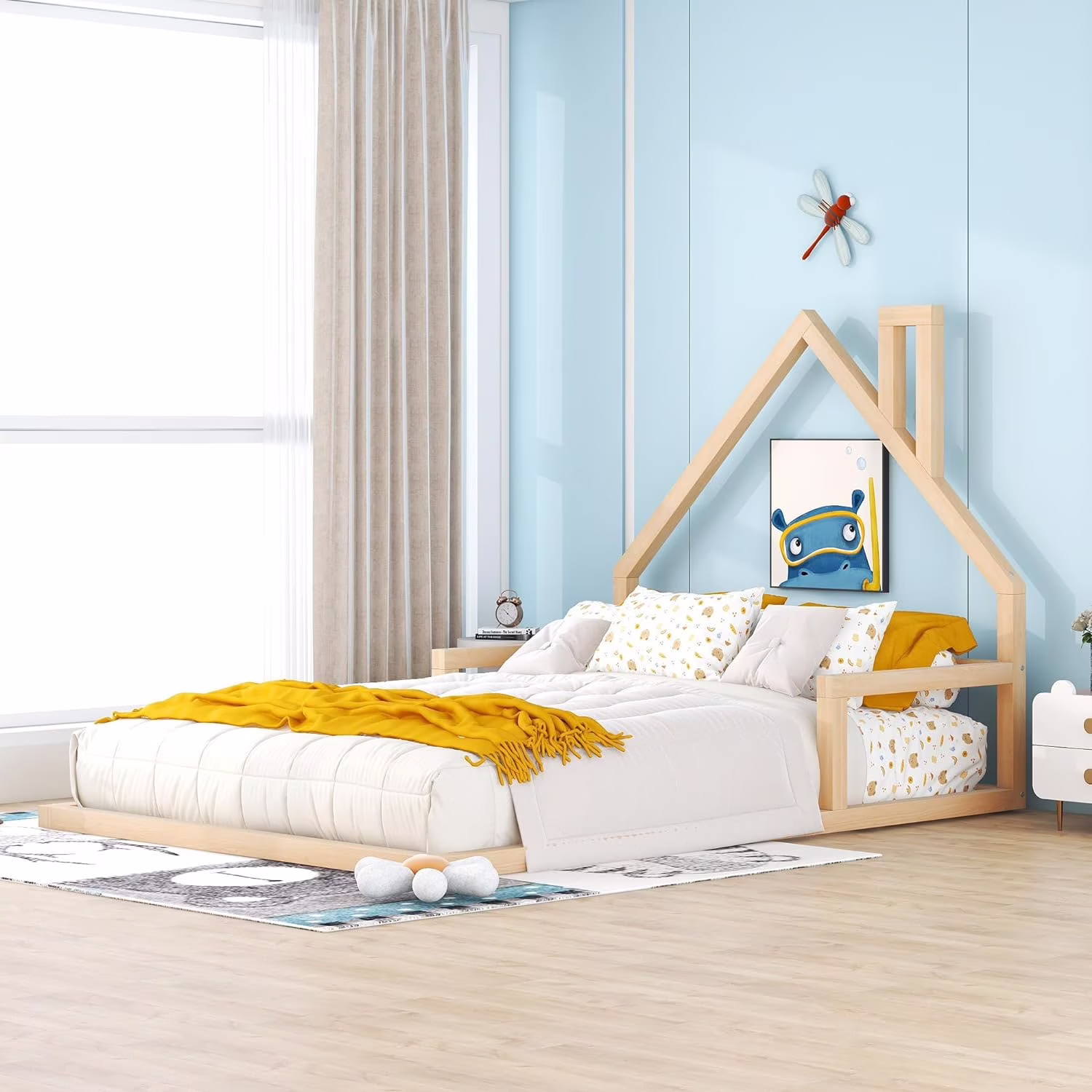 Full Size Floor Bed Wih House-Shaped Headboard, Full Monessori Floor Bed Frame,Full Plaform Bed,Full House Bed For Kids eens Girls Boys,No Box Spring Needed (Naural)