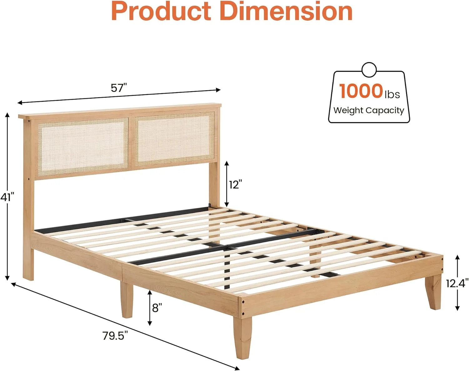 QCAI Full Bed Frame with Natural Rattan Headboard, Full Size Platform Bed Frame with LED Lights & Curved Rattan Headboard & Wooden Support Legs, No Box Spring Needed, Easy Assembly