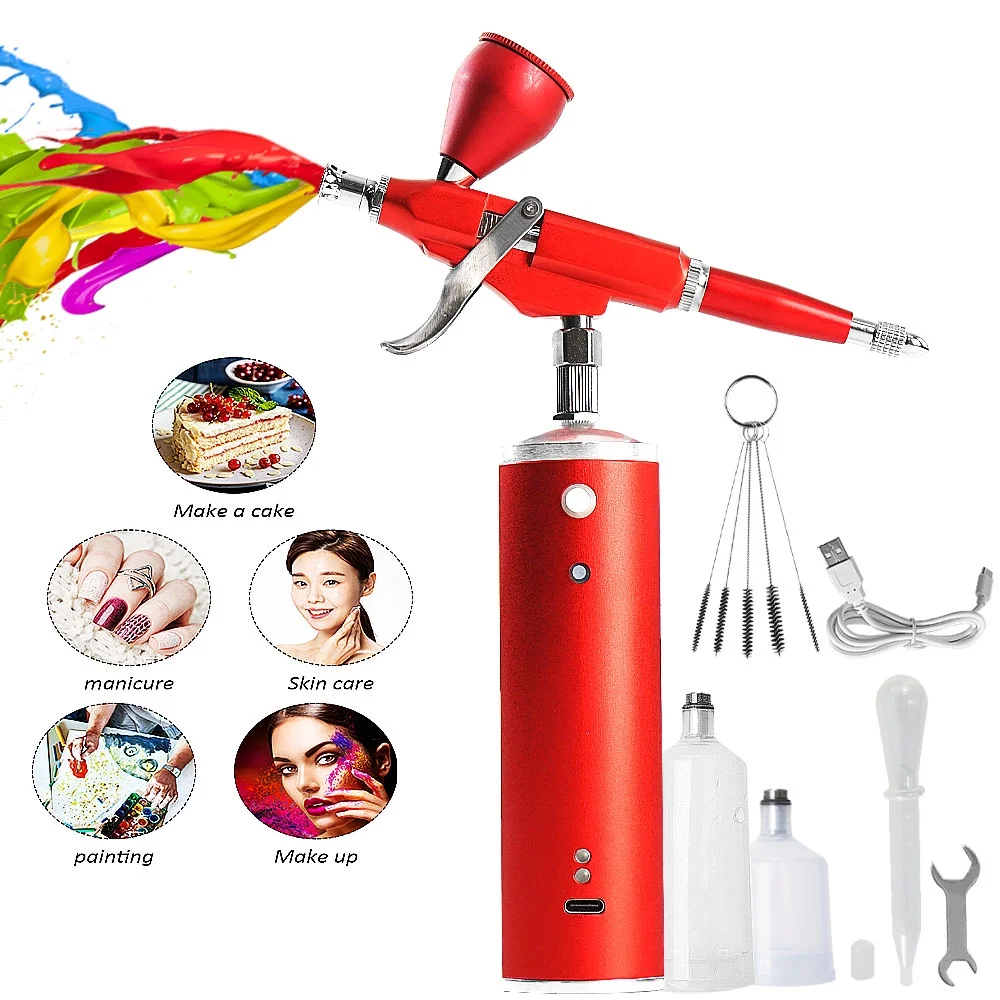 30PSI Upgraded Airbrush Kit with Air Compressor, Portable Mini Cordless Auto Airbrush Gun Kit, Rechargeable Handheld Airbrush Set for Makeup, Cake Decor, Barber, Model Coloring, Nail Art (Red)
