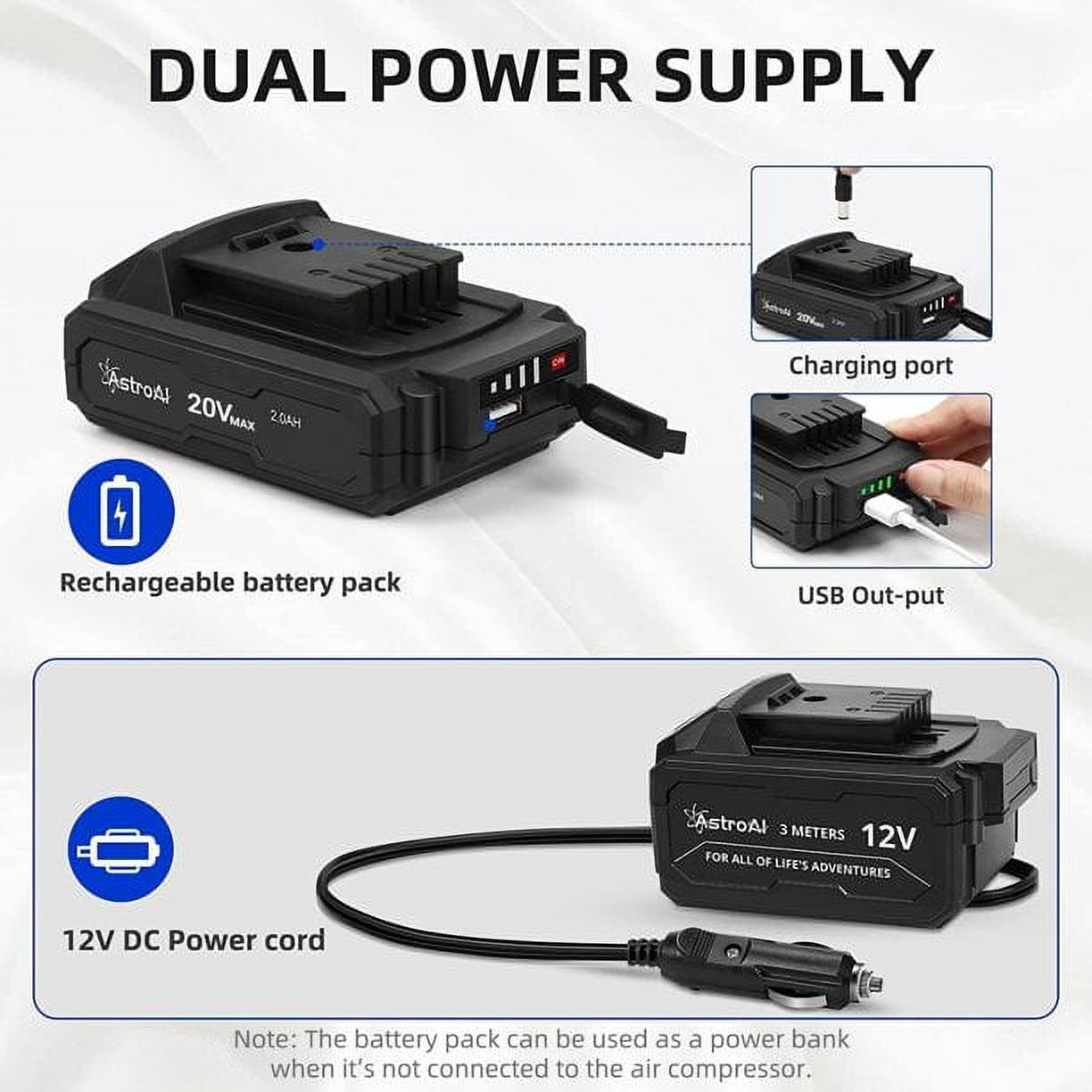 AstroAI Tire Inflator 160PSI Cordless Air Compressor, 20V Rechargeable Battery, Portable Handheld Air Pump, DC 12V, Yellow