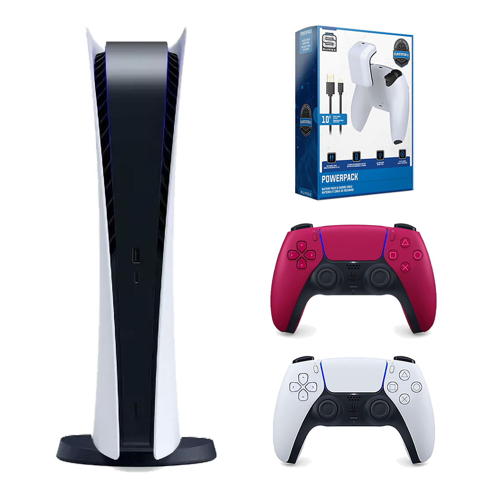 Sony Playstation 5 Digital with Extra Controller and Surge Battery Pack Bundle - Cosmic Red