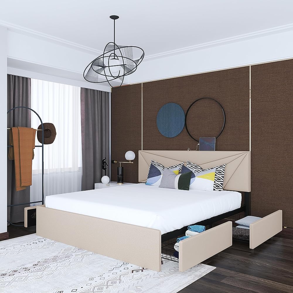 LoVinson Full Size Bed Frame with 4 Drawers, Platform Bed with Charging Station and Adjustable Headboard, Mattress Foundation with Wooden Slats Support, No Box Spring Needed, Beige