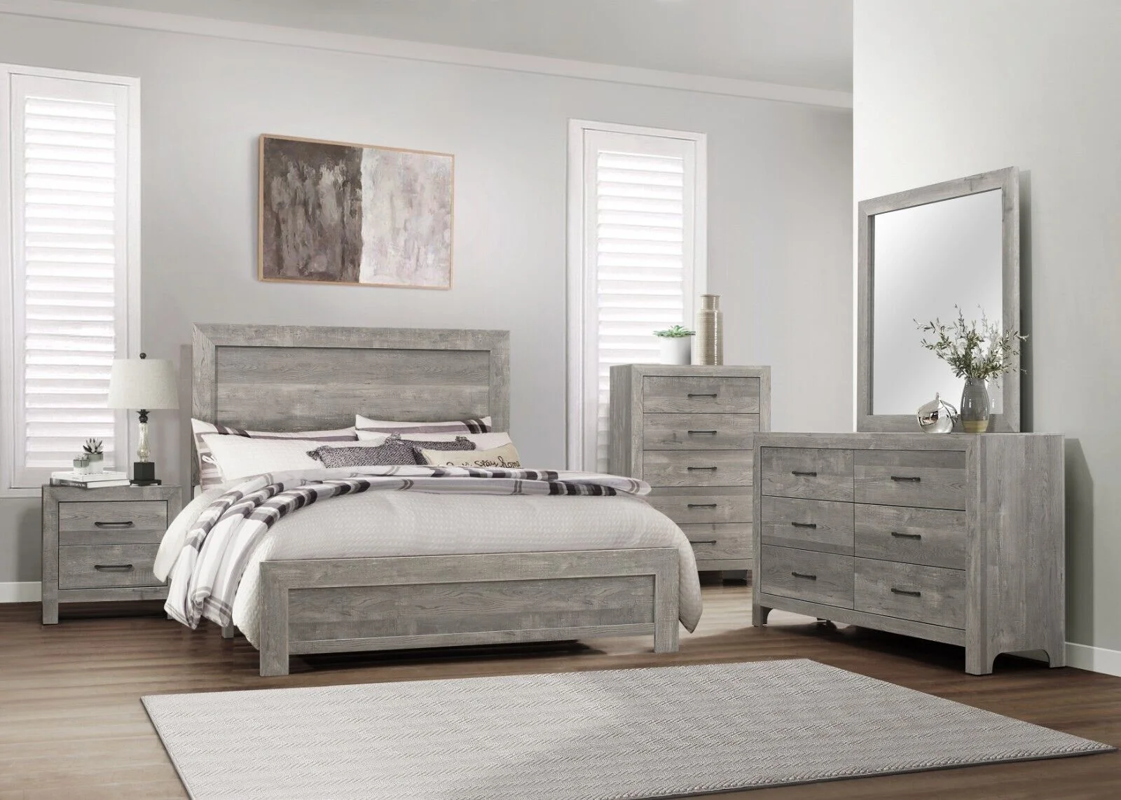 Modern 5pc Bedroom Set Queen Size Bed Dresser Nightstand Mirror Chest Transitional Gray Finish Rustic Style