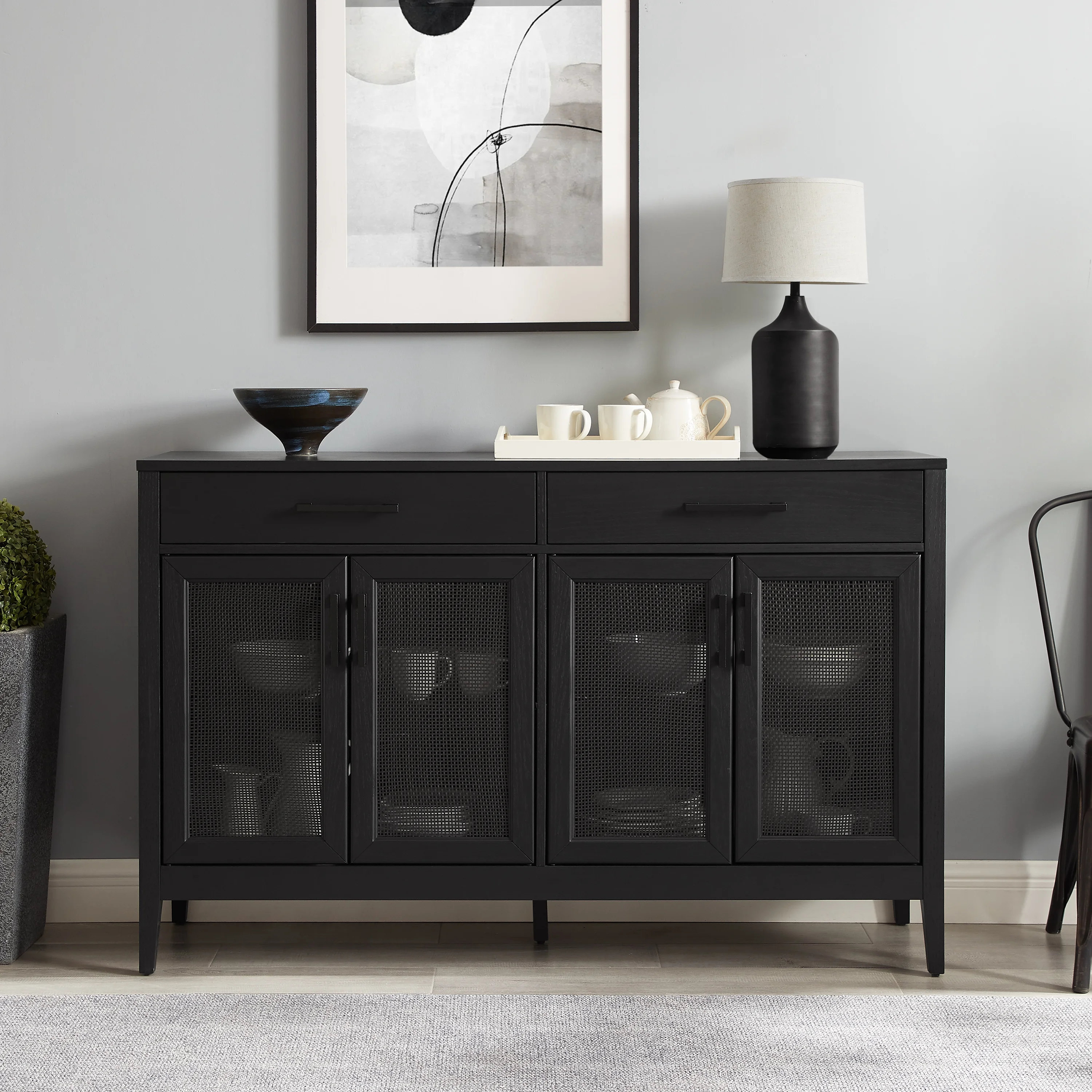 Crosley Furniture Milo Modern MDF Wood and Rattan Sideboard in Black