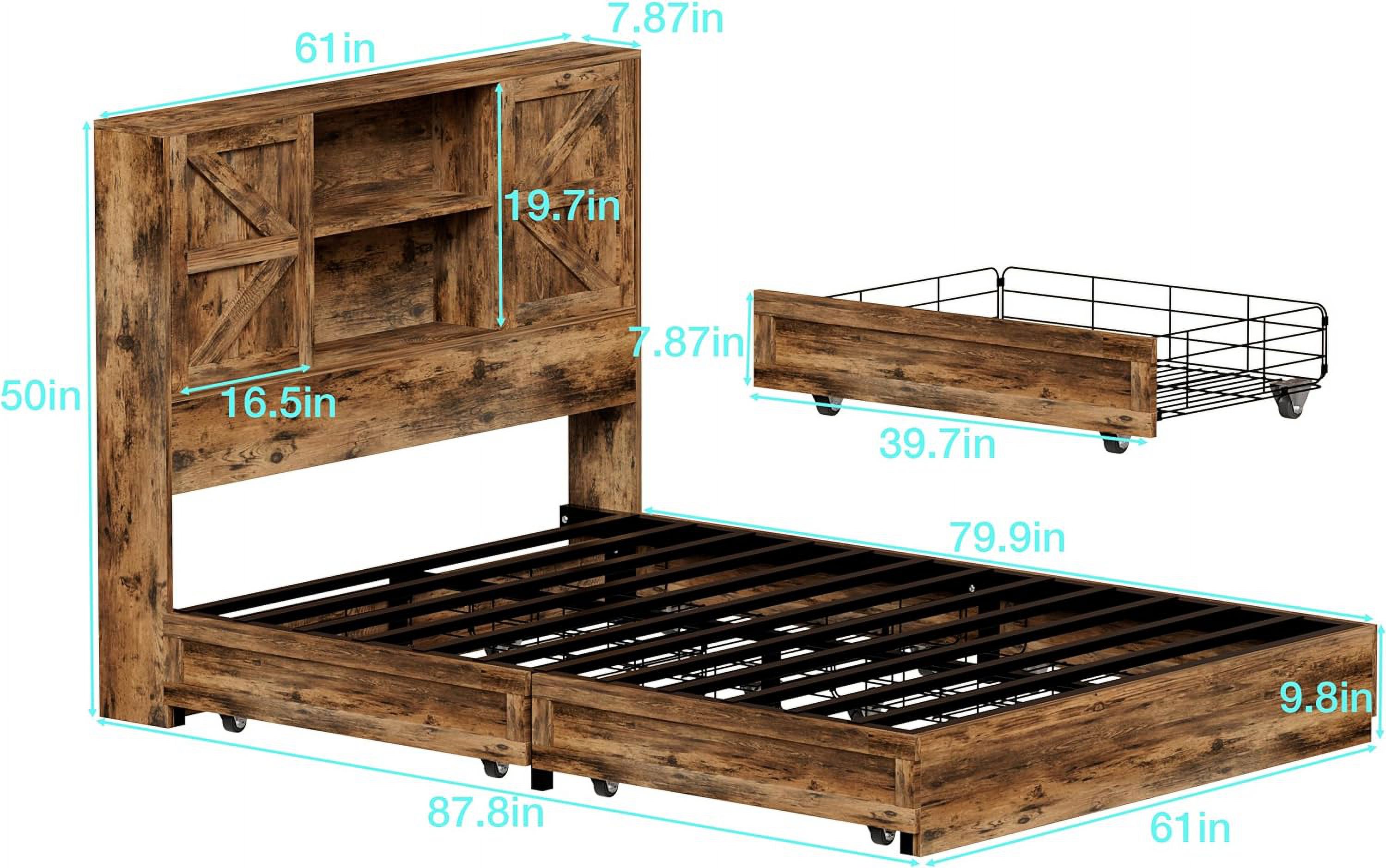 PAKASEPT Farmhouse Bed Frame Queen Size with Headboard, Wooden Platform Storage Bed Frames with Sliding Barn Door Bookcase Cabinets, 4 Drawers, Metal Slats Support/No Box Spring Needed