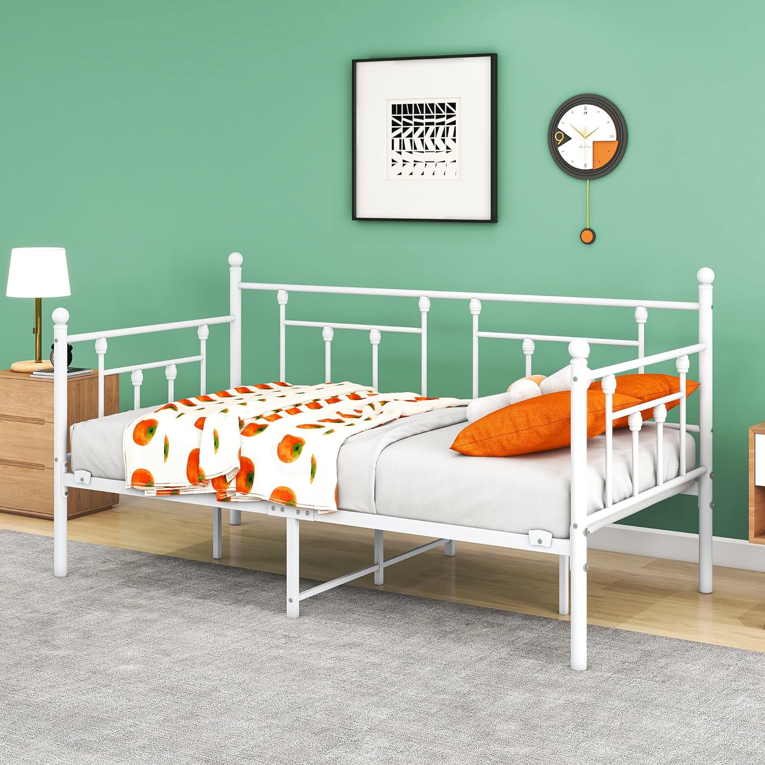 QCAI Metal Daybed Frame and Trundle Set Premium Steel Slat Support Daybed and Roll Sofa Bed (Shiny White, Twin)