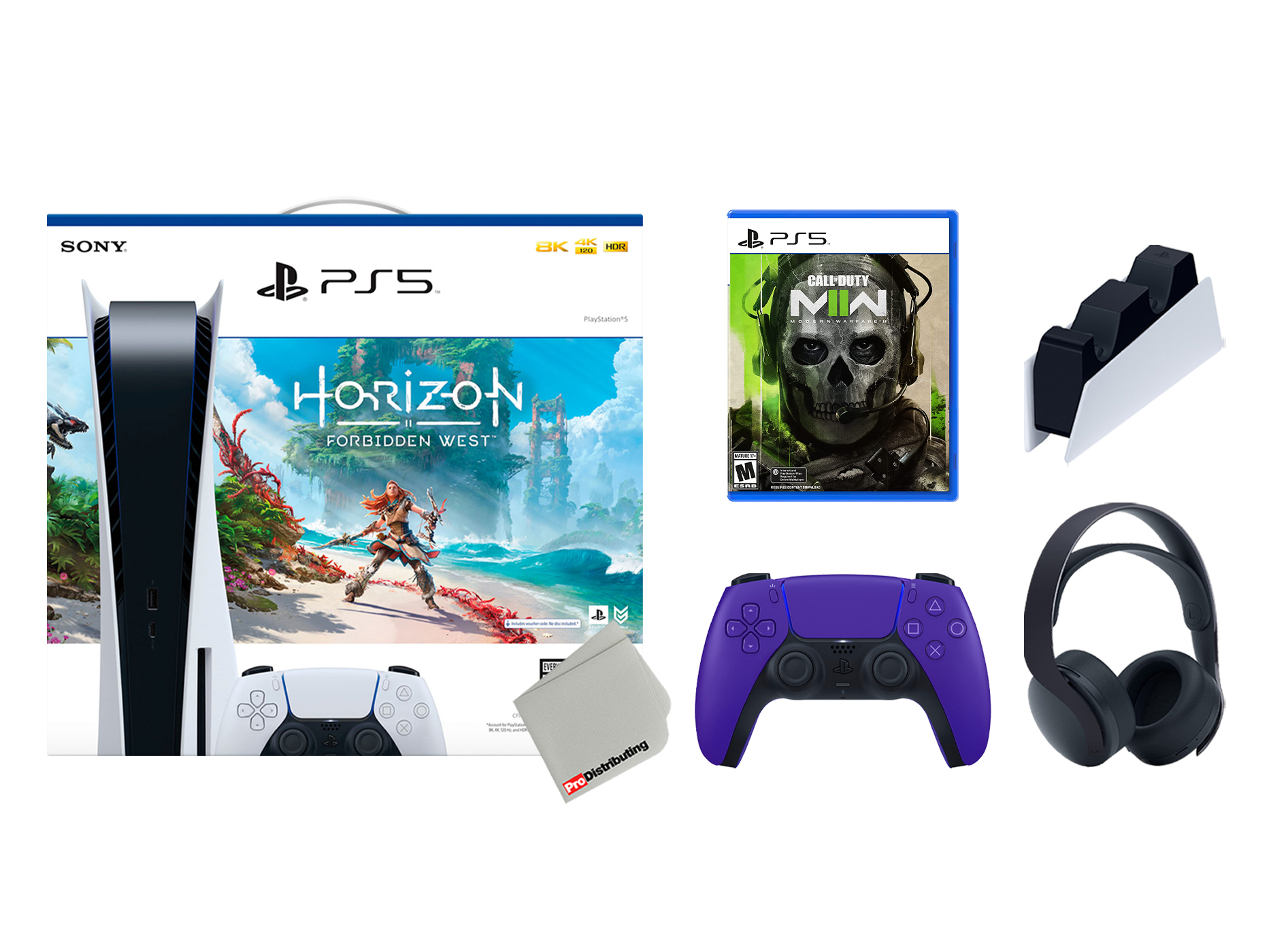 Sony Playstation 5 Disc Horizon Forbidden West Bundle with Extra Galactic Purple Controller, Black PULSE 3D Headset, Call of Duty Modern Warfare II and Charging Station