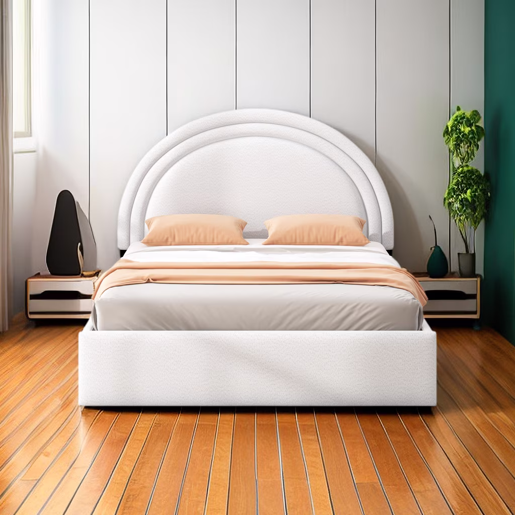 Full Size Teddy Upholstered Platform Bed with Four Drawers Underneath,Twin Bed Frame with Curve-Shaped Headboard,White