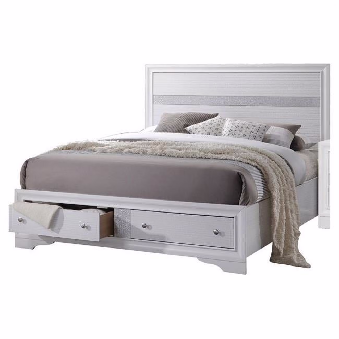 Benjara 2 Drawer Wooden Eastern King Size Bed with Panel Headboard, White