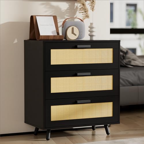 KHBIULIFE 3 Drawer Dresser  Rattan Modern Dresser Chest  Hobo Drawer Dresser  Closet Dresser Chest of Drawers  Mid-Century Modern Dresser as Nightstand  Black Dresser for Bedroom  Living