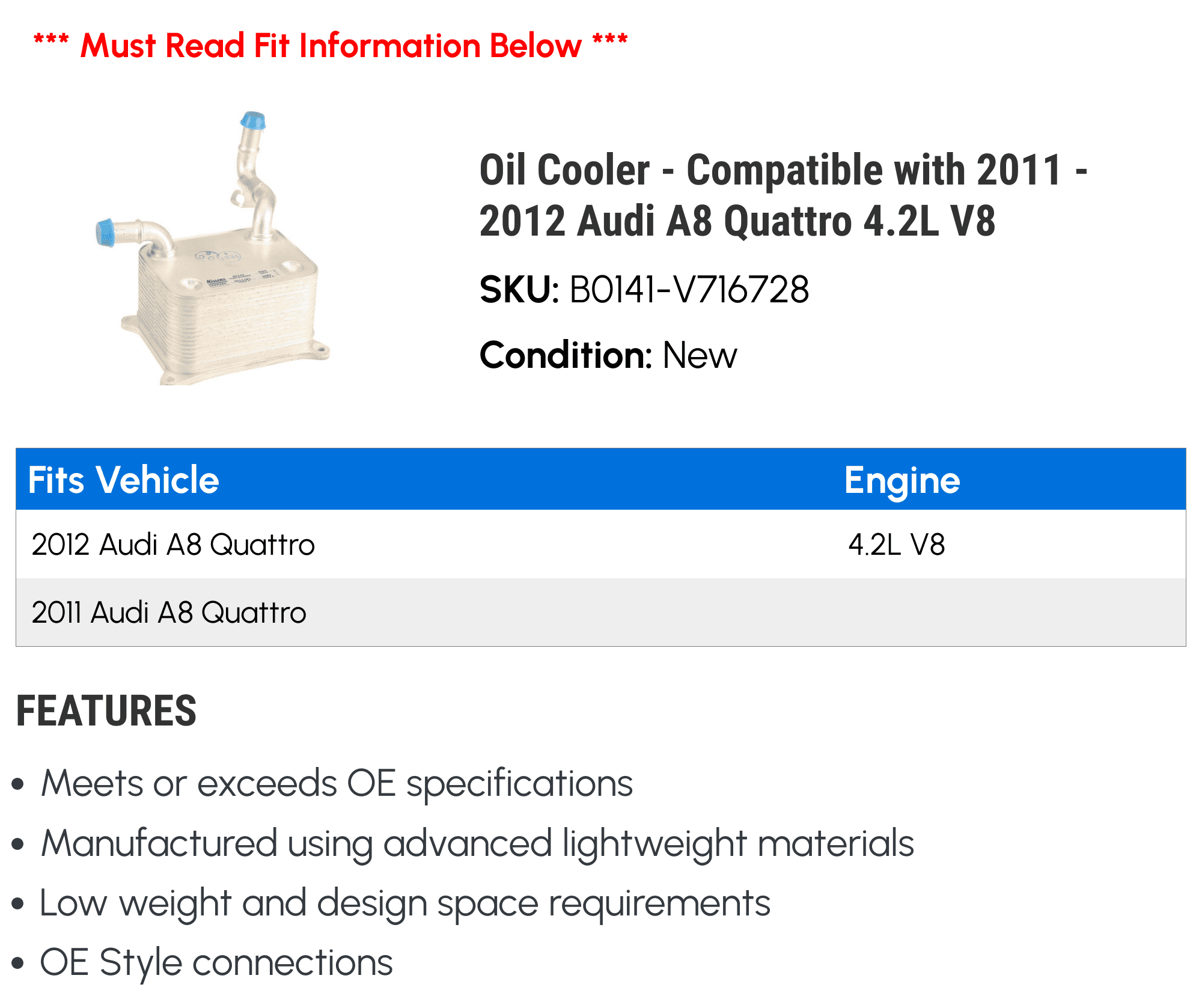 Oil Cooler - Compatible with 2011 - 2012 Audi A8 Quattro 4.2L V8