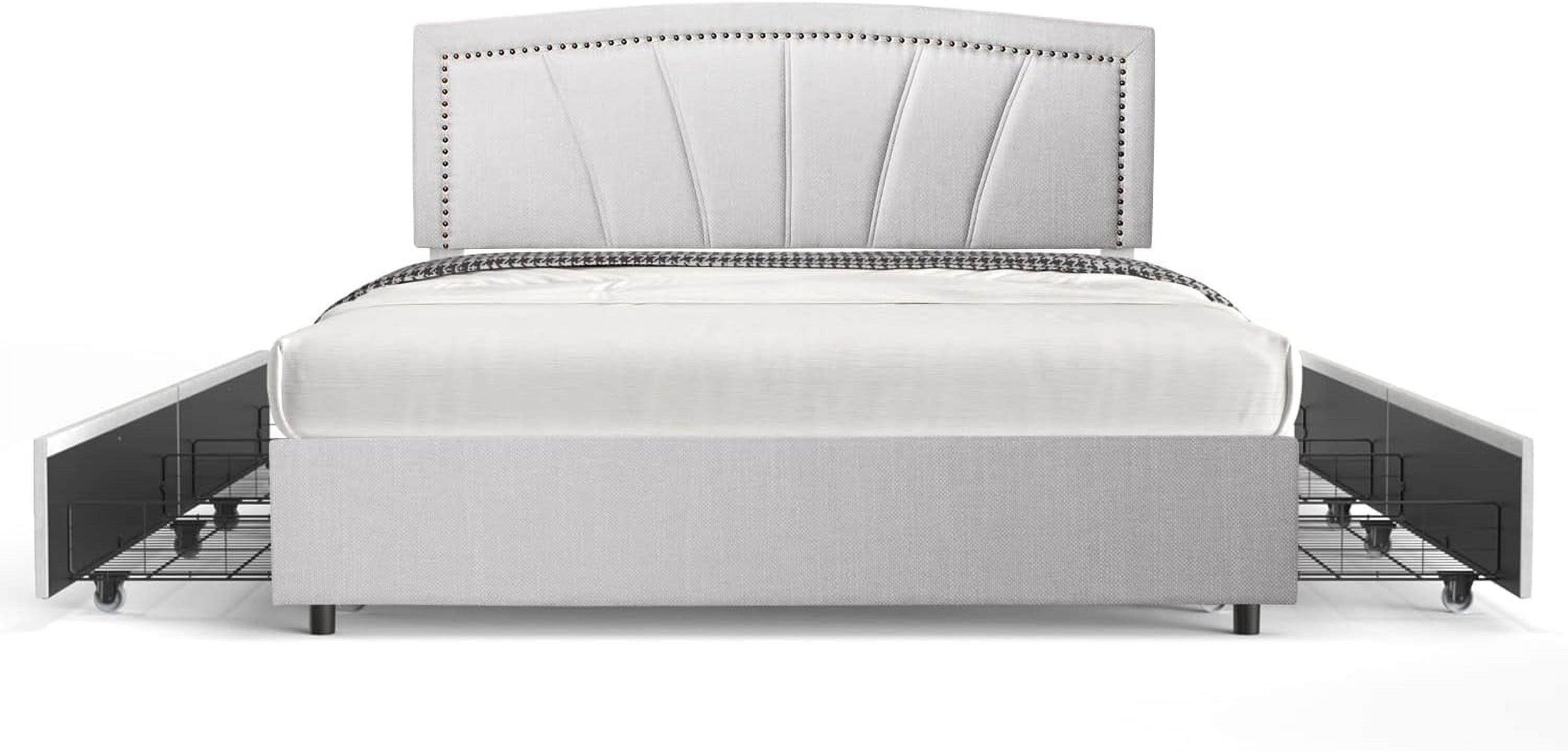 King Size Storage Bed Frame Upholstered Low Profile Traditional Platform with Tufted and Nail Headboard/No Box Spring Needed/4 Pull Out Drawers/Light Grey Linen Fabric (King Size)