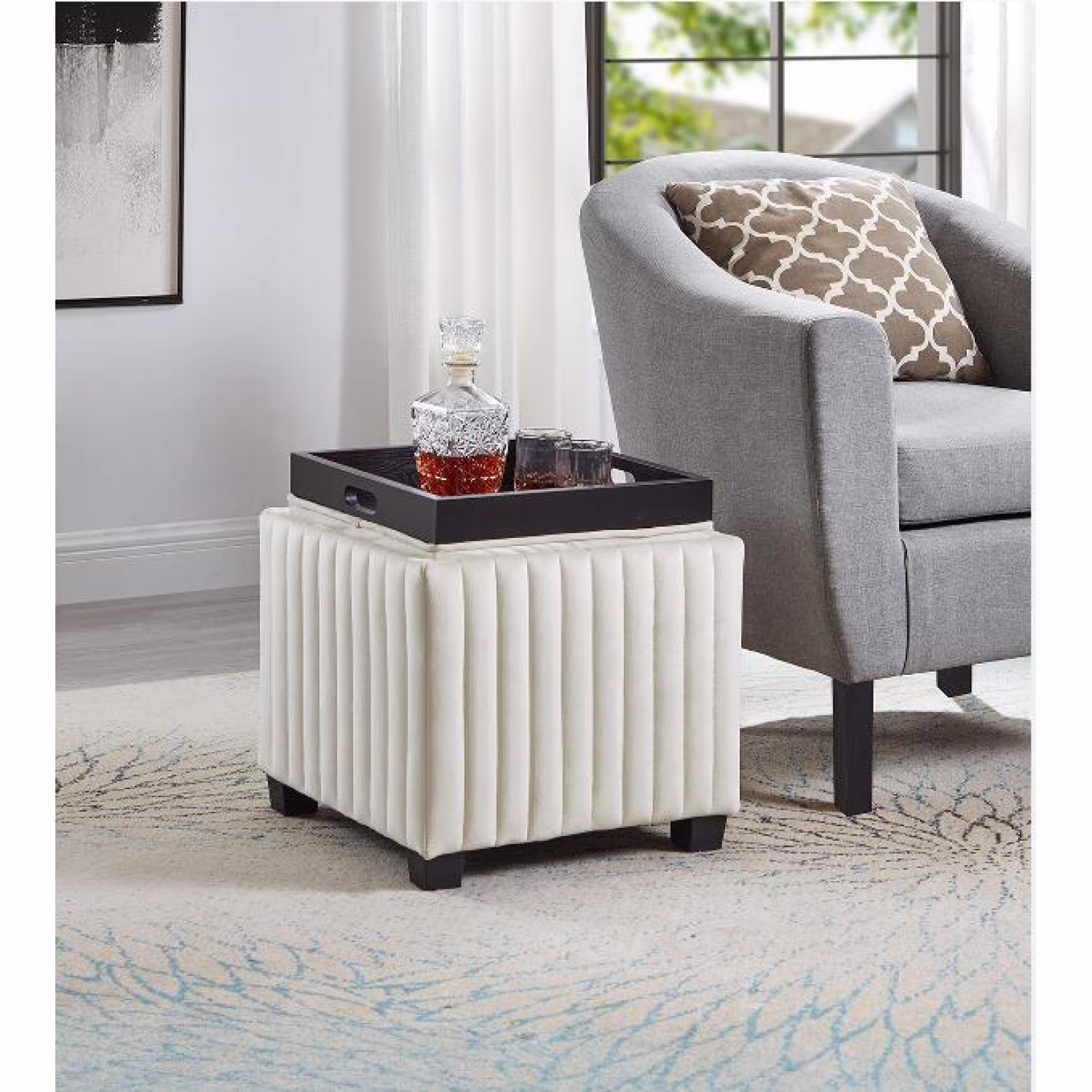 Holaki 18 Inch Contemporary Cube Storage Square Side Table, Coffee Table for Living Room, Ottoman Foot Rest for Bedroom End of Bed with Coffee Tray, Beige Velvet Fabric in Modern Sawing