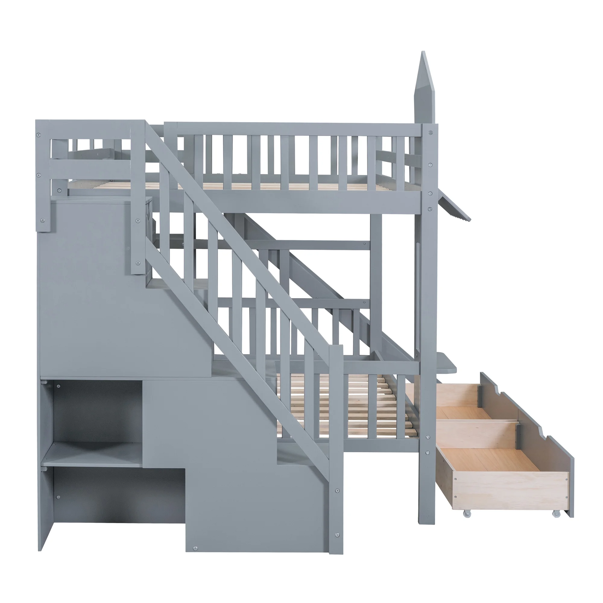 Full-Over-Full Castle Style Bunk Bed with 2 Drawers 3 Shelves and Slide - Gray