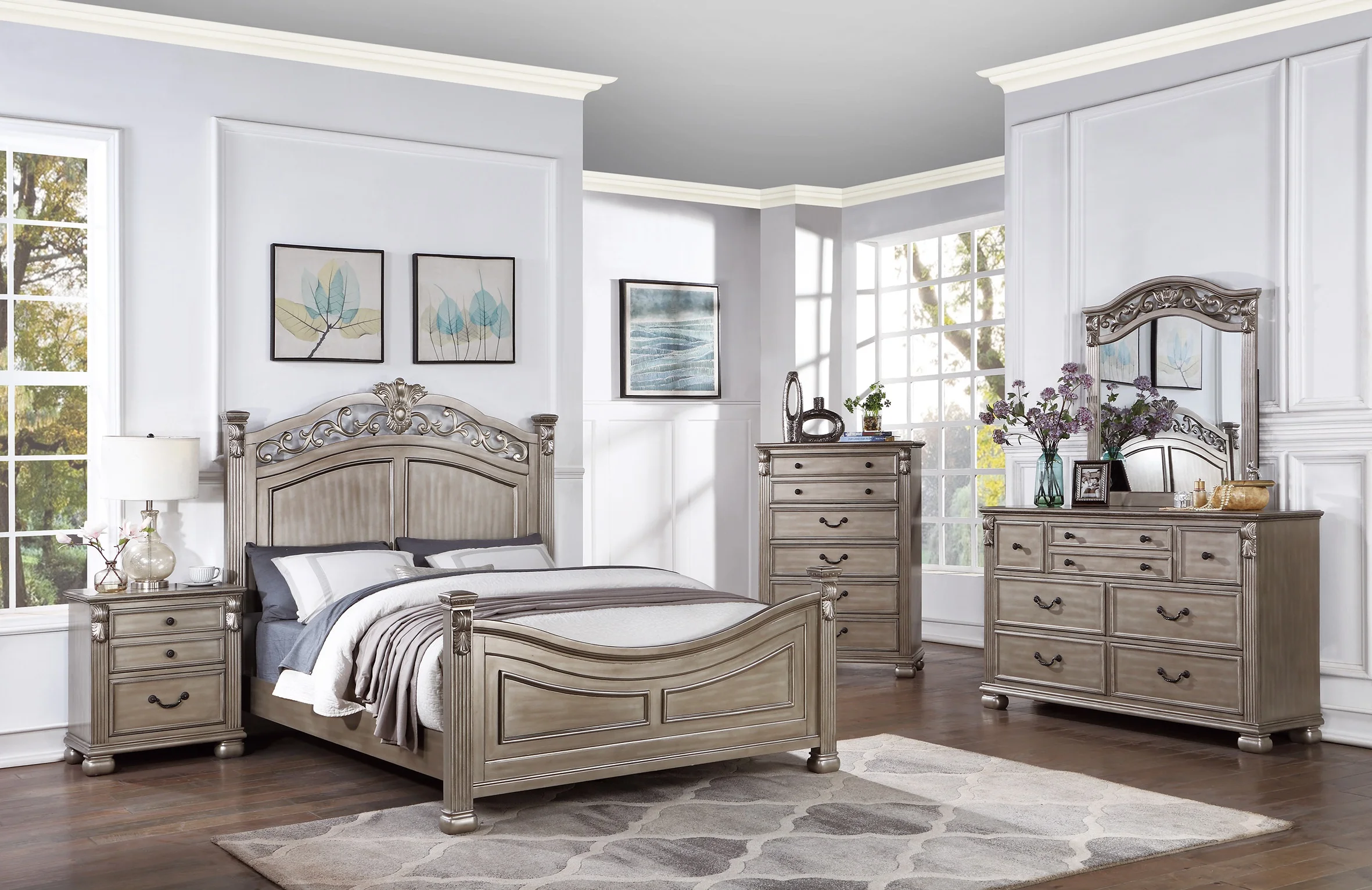 American Classic Eastern King Bed 2x Nightstands Wooden Grey Finish 3pc Set Master Bedroom Furniture