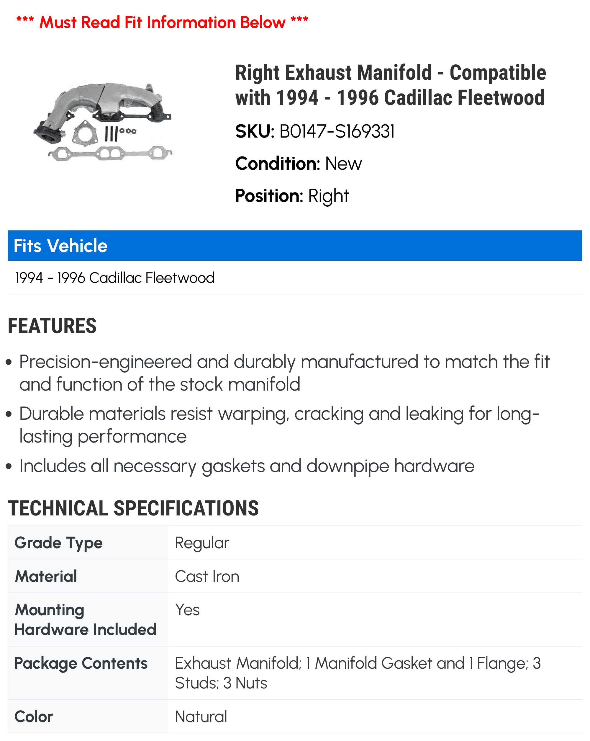Right Exhaust Manifold - Compatible with 1994 - 1996 Cadillac Fleetwood 1995