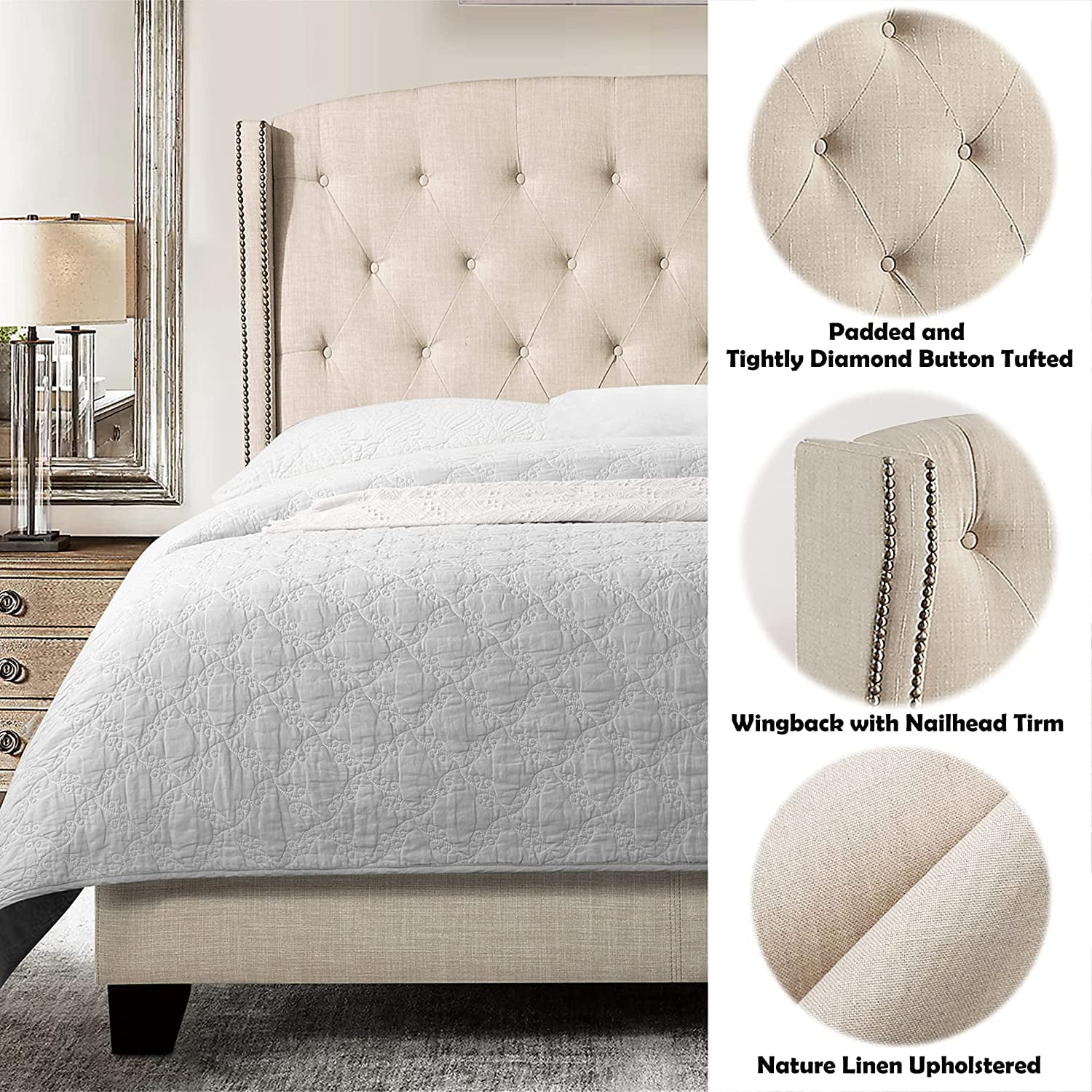 YGDU Padded Platform Bed Frame Bed French, Westerly Bed, Cardiff Bed with Nailhead Trimmed Wingback and Button-Tufted Upholstered Panel Headboard for Bedroom,King,Natural Beige