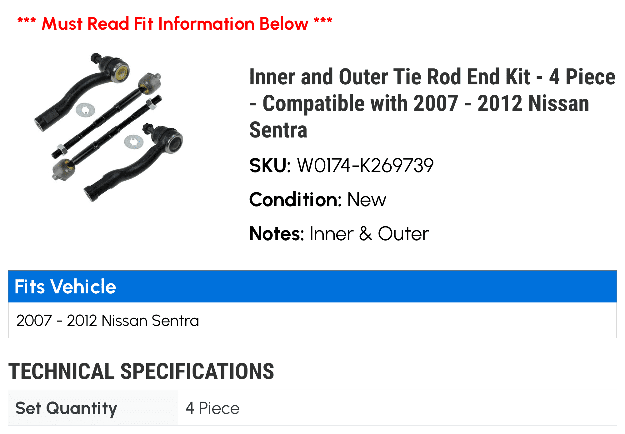 Inner and Outer Tie Rod End Kit - 4 Piece - Compatible with 2007 - 2012 Nissan Sentra 2008 2009 2010 2011