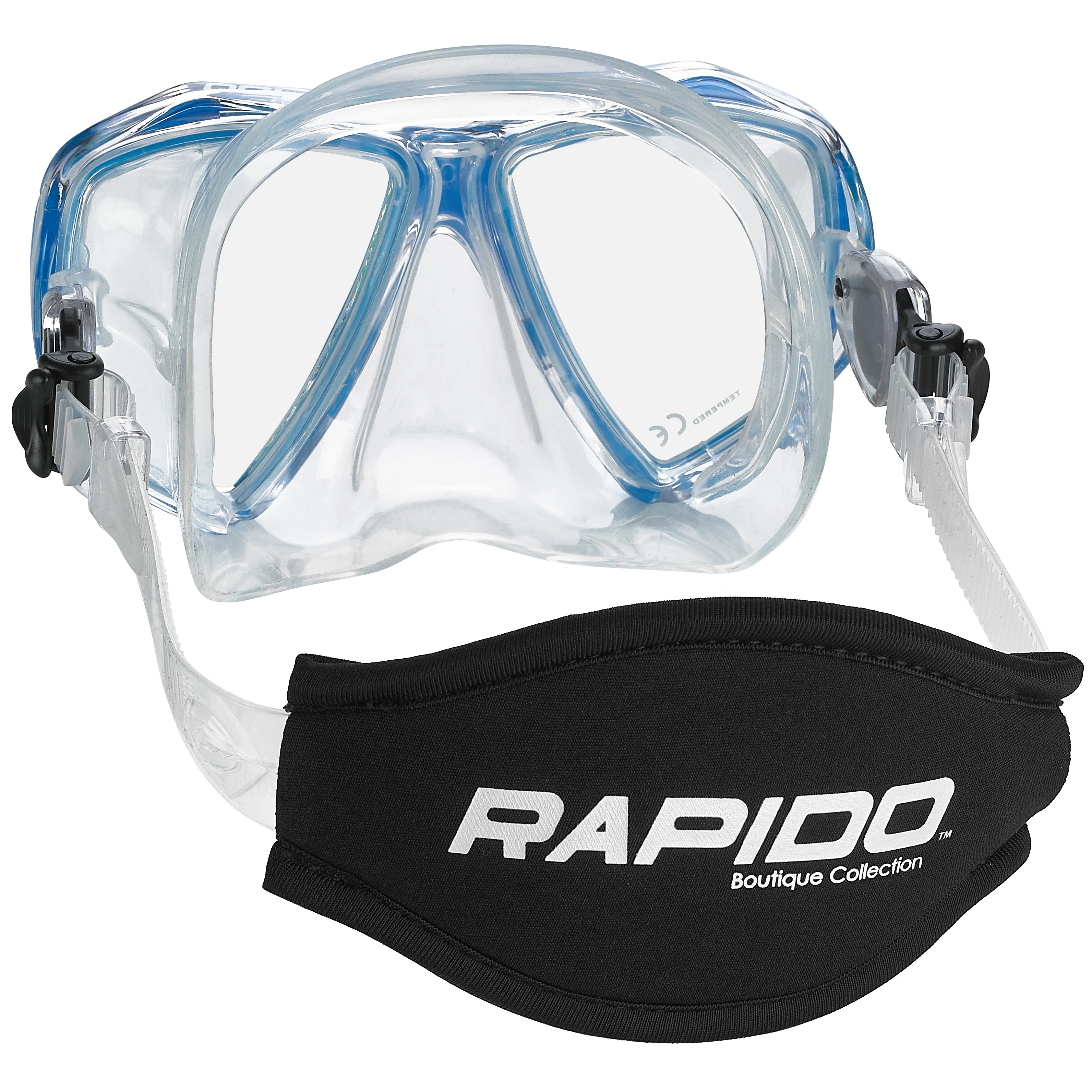 Rapido Boutique Collection Duo Tempered Glass Lens Snorkel Mask with Neoprene Comfort Strap - Scuba Snorkeling Mask Dry Snorkel Set Combo Kit