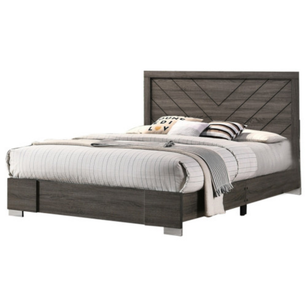 Contemporary Grey Finish Unique King Size Bed 1pc Bedroom Furniture Unique Lines Headboard Wooden  Gray + Solid Wood+MDF + Classic + Contemporary + Modern + Bedroom + King + Bed Frame