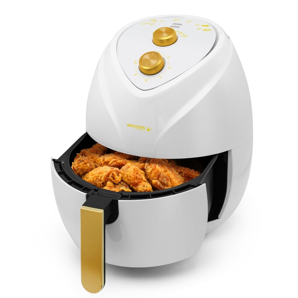 Holstein Housewares 4.8QT Air Fryer - Convenient and User Friendly with Optimal Cooking Functions to Fry, Bake, Grill and Roast, White and Gold